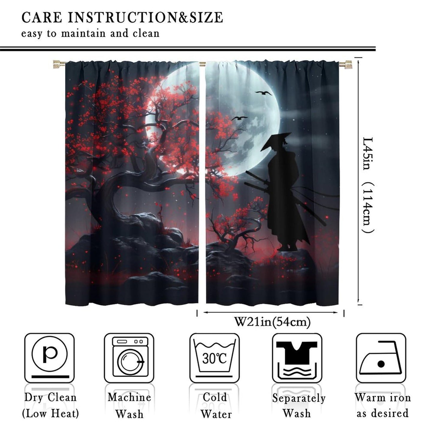 Llylumty Japanese Samurai Blackout Curtain Japanese Plum BlossomMoon Night Tree Modern Art Style Rod Pocket Window Drapes for Living Room Decor 21x45in,2 Panel Set