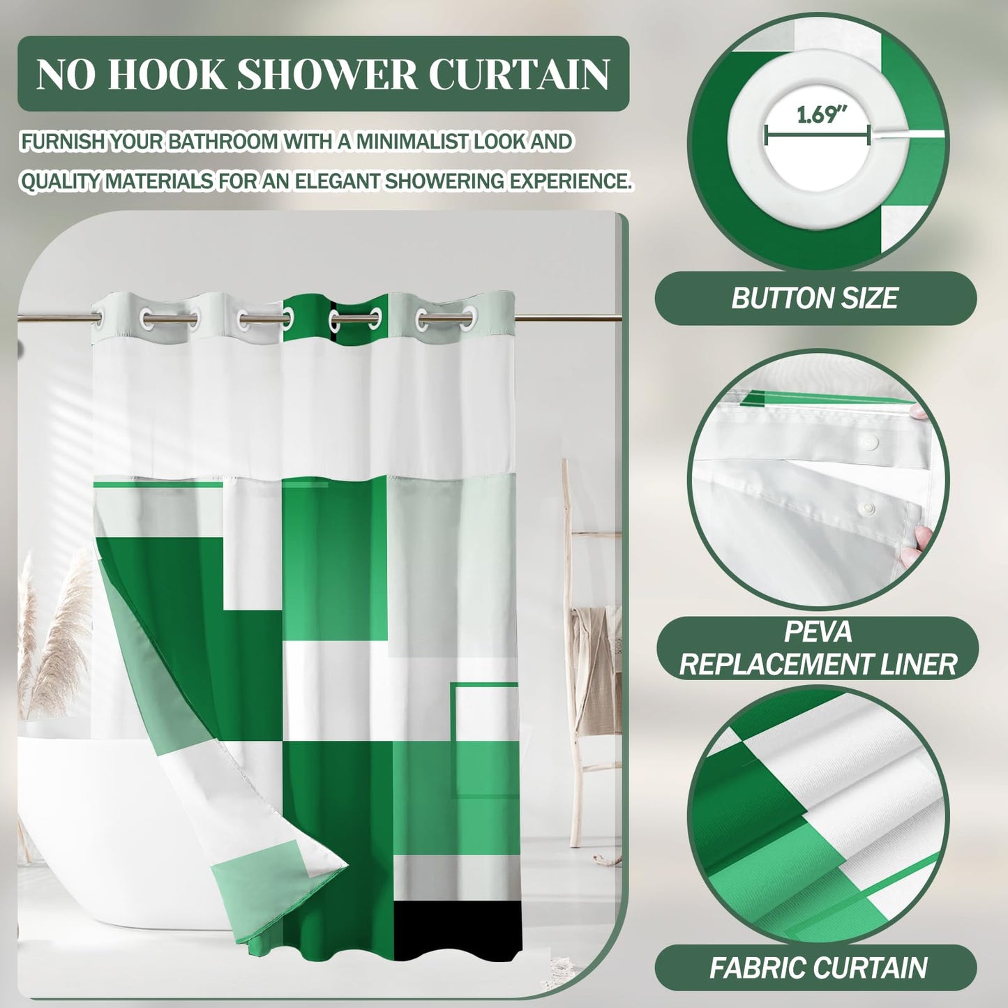 Green Hookless Shower Curtain Set with Snap in Liner, Green White Bathroom Decor, 71x74 Inches, Geometric Bathroom Curtain with Liner and See Through Top Window