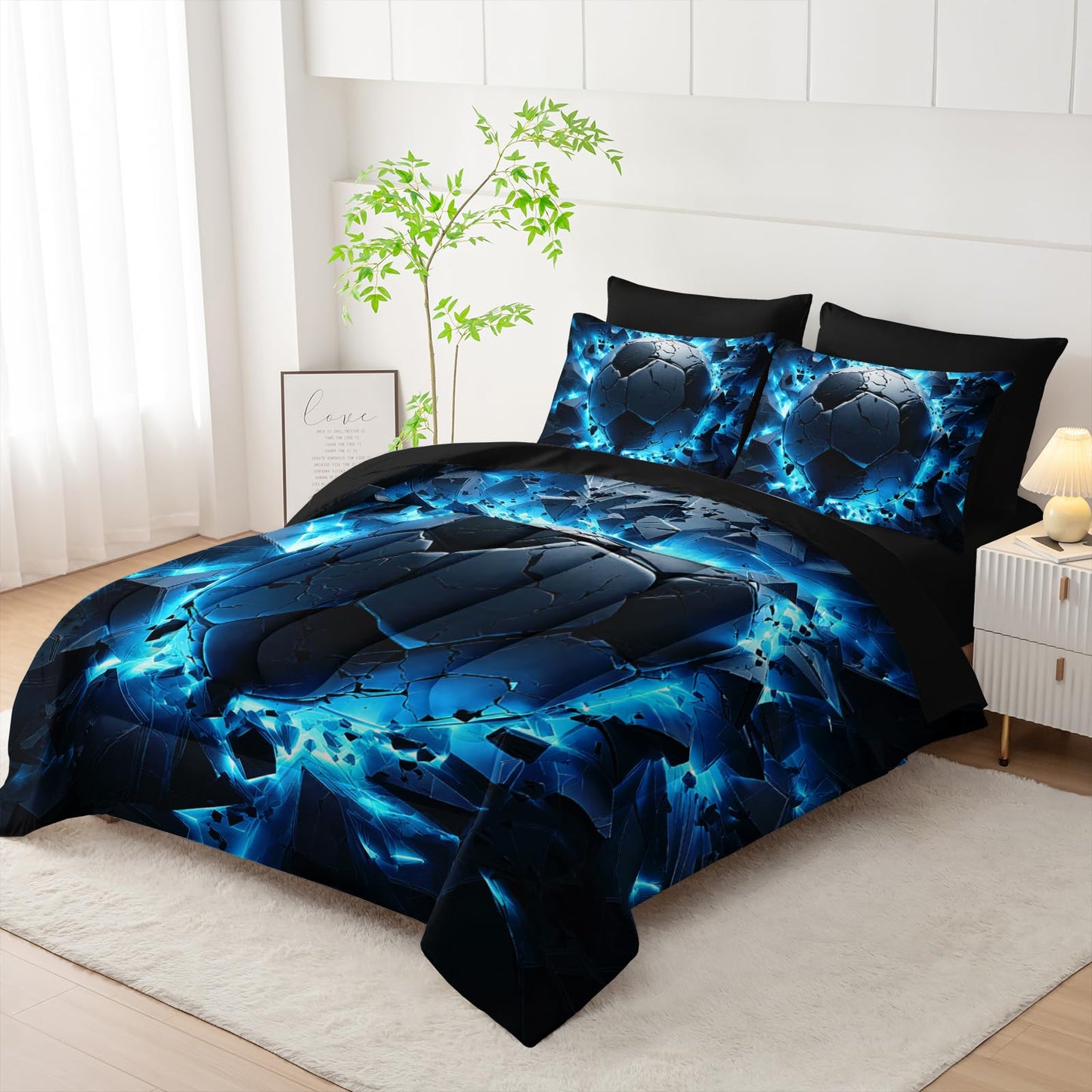 Nttopship Soccer Bedding Set Twin Size 7PCS for Adults, Blue Football Printed Bedding Sets 7 PCS,Ball Sports Themed Bedroom Decor Lightweight All Seasons with Pillowcases,Flat, Fitted Sheet