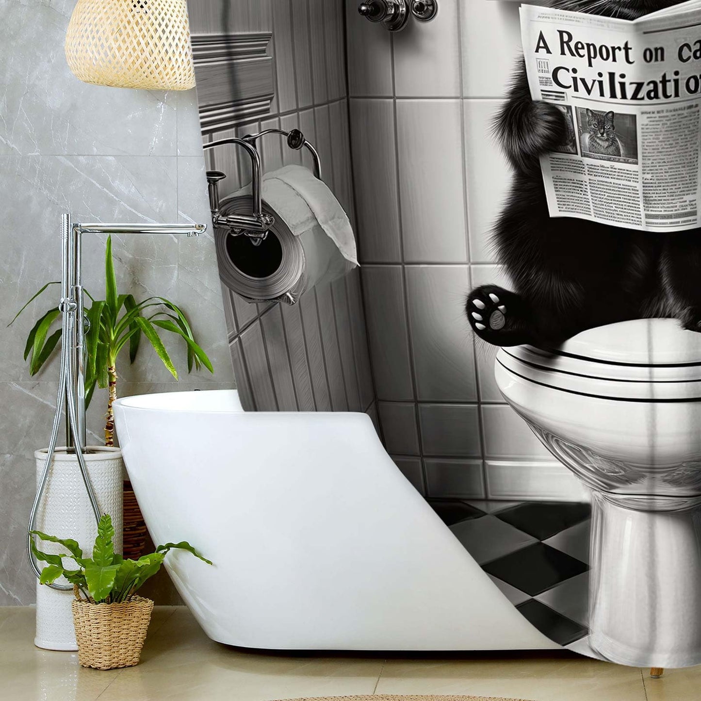JAWO Funny Cat Shower Curtain, Humorous Black Cat Animal Sitting on Toilet Reading Newspaper Fun Shower Curtains Set, Black White Retro Waterproof Fabric Bathroom Decor Bath Curtain, 72x72 Inch