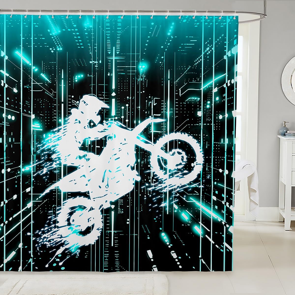 Feelyou Kids Dirt Bike Bath Curtain Racing Motocross Rider Bathroom Shower Curtain Set Boys Girls Motorcycle Shower Curtain Motorbike Teens Bathroom Accessories Bedroom Decor 72"x78"
