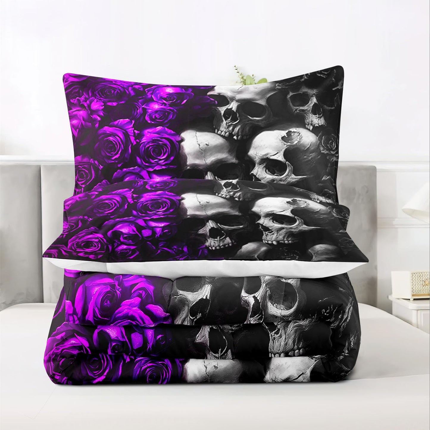Raphus Cucullatus Gothic Black & Rose Skull Bedding Set - Queen Size Quilt, Comforter & Skeleton Pattern