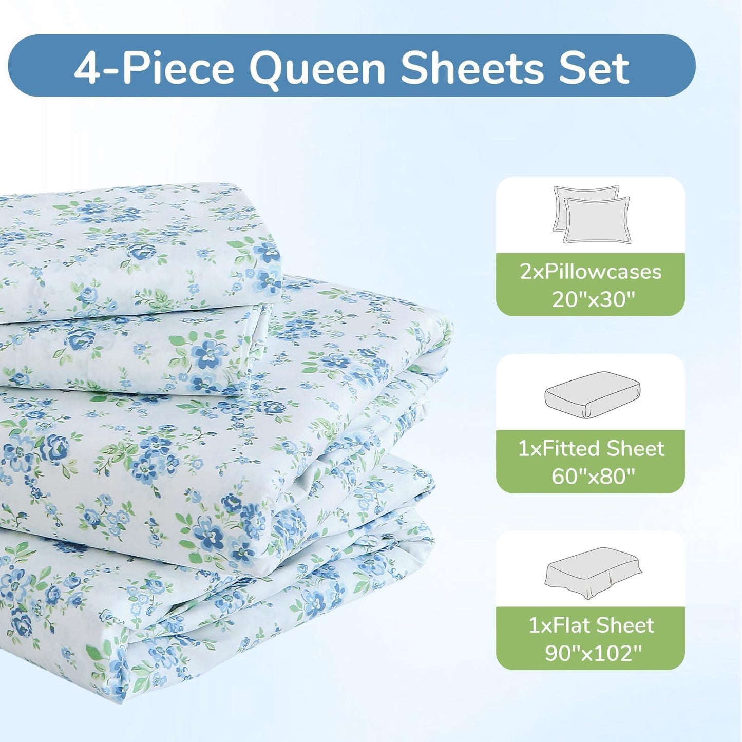 MUXHOMO Queen Size 4 Piece Sheet Set, Soft Breathable Bed Sheet Set for Bedroom with Deep Pocket Up to 16", Wrinkle-Free & Cooling Bedding for Oeko-TEX Certified - Blossoms Light Blue