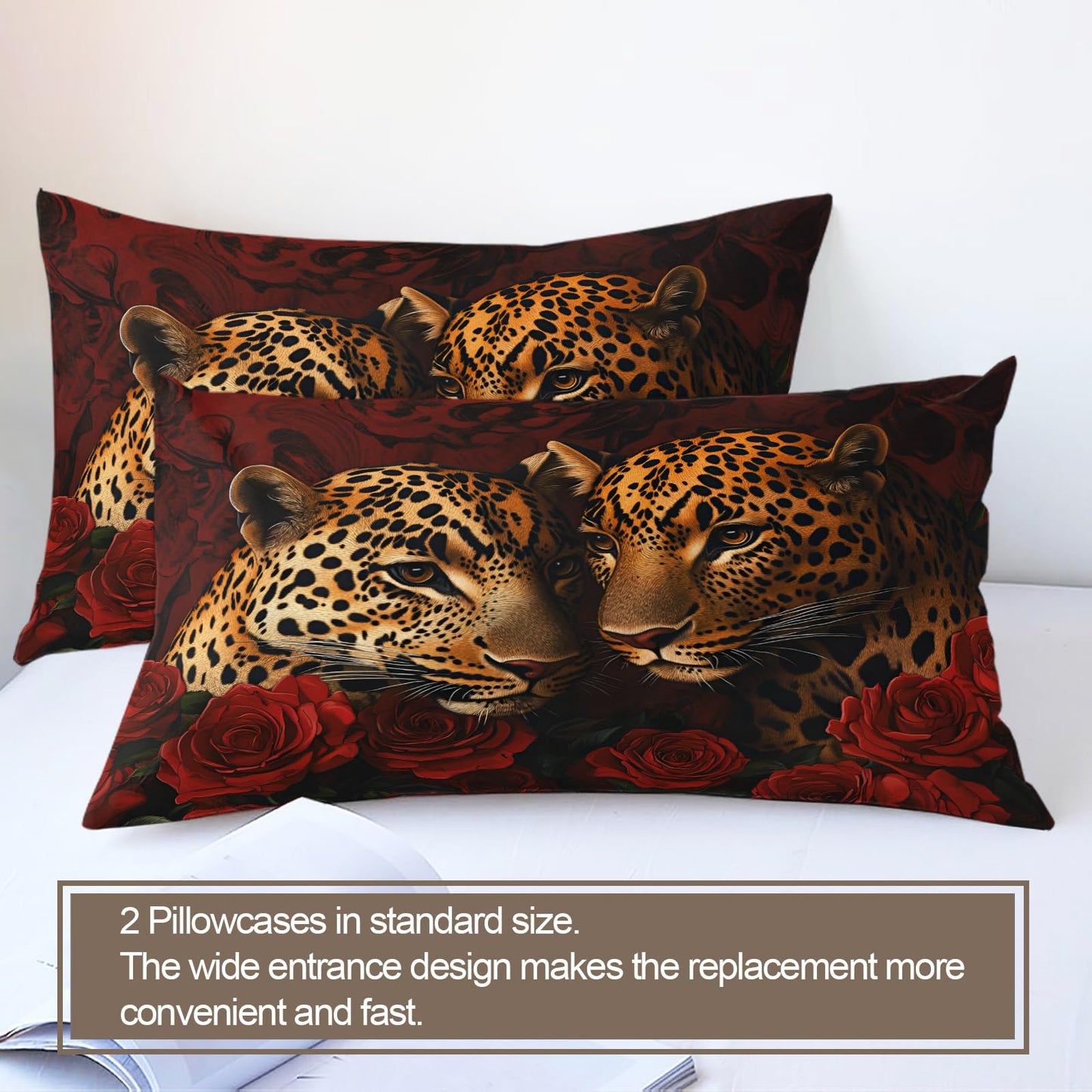 PAISUOQ Leopard Duvet Cover Full, Romantic Roses Bedding, Cheetahs Comforter Cover with 2 Pillow Cases, 3 Pieces with Zipper & Ties, Bedroom Decor & Gifts