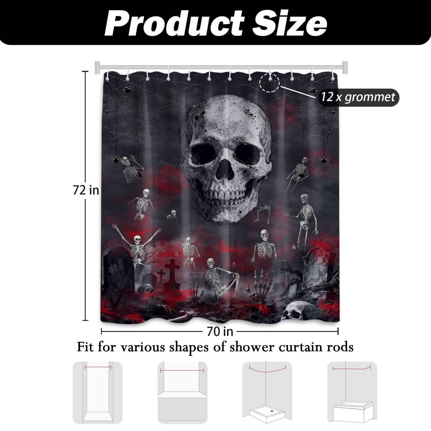 Keeuy Skull Gothic Shower Curtain, Red and Black, 72 x 72 Inch