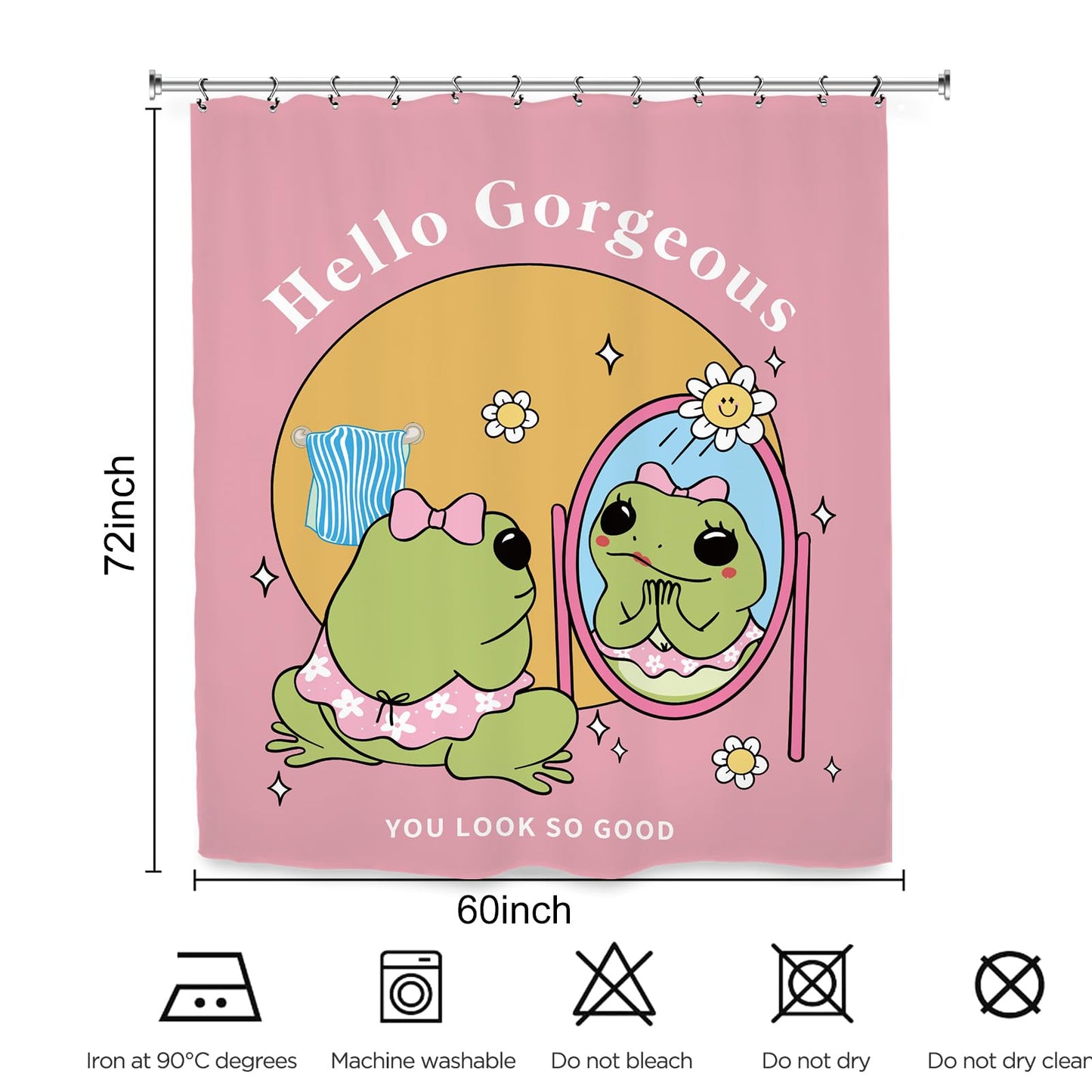 Kalmico Funny Frog Girl Self Love Shower Curtain 60Wx72L Inch Cute Hello Gorgeous Animal Hilarious Lovely Kids Pink Y2K Bathroom Set Accessories Decor with 12 Pack Hooks