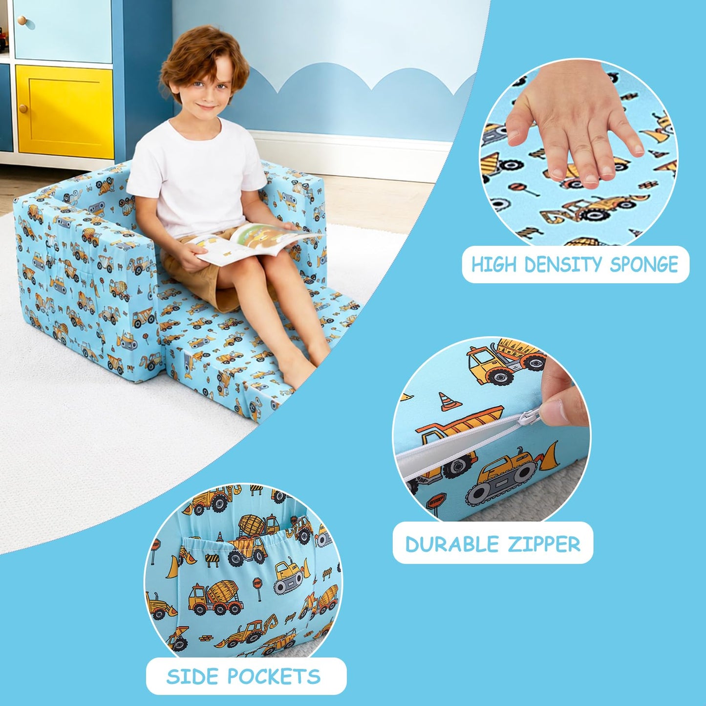 Viviland Toddler Chair, 2-in-1 Kids Couch Bed, Toddler Chairs Comfy 1-3 Years Old Fold Out Convertible Soft to Lounger, Blue Excavator Truck Baby Couch