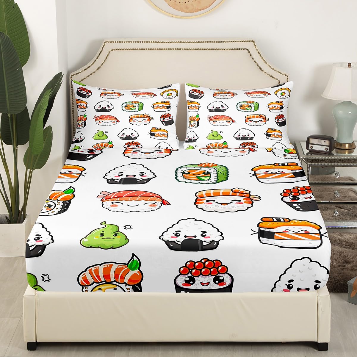 Sushi Pattern Bedding Set Queen Size Kids Cute Bed Sheet Set for Girls Teens Bedroom Decor Cartoon Japanese Style Fitted Sheet Soft Microfiber Kawaii Bed Cover (1 Fitted Sheet + 1 Pillow Case)