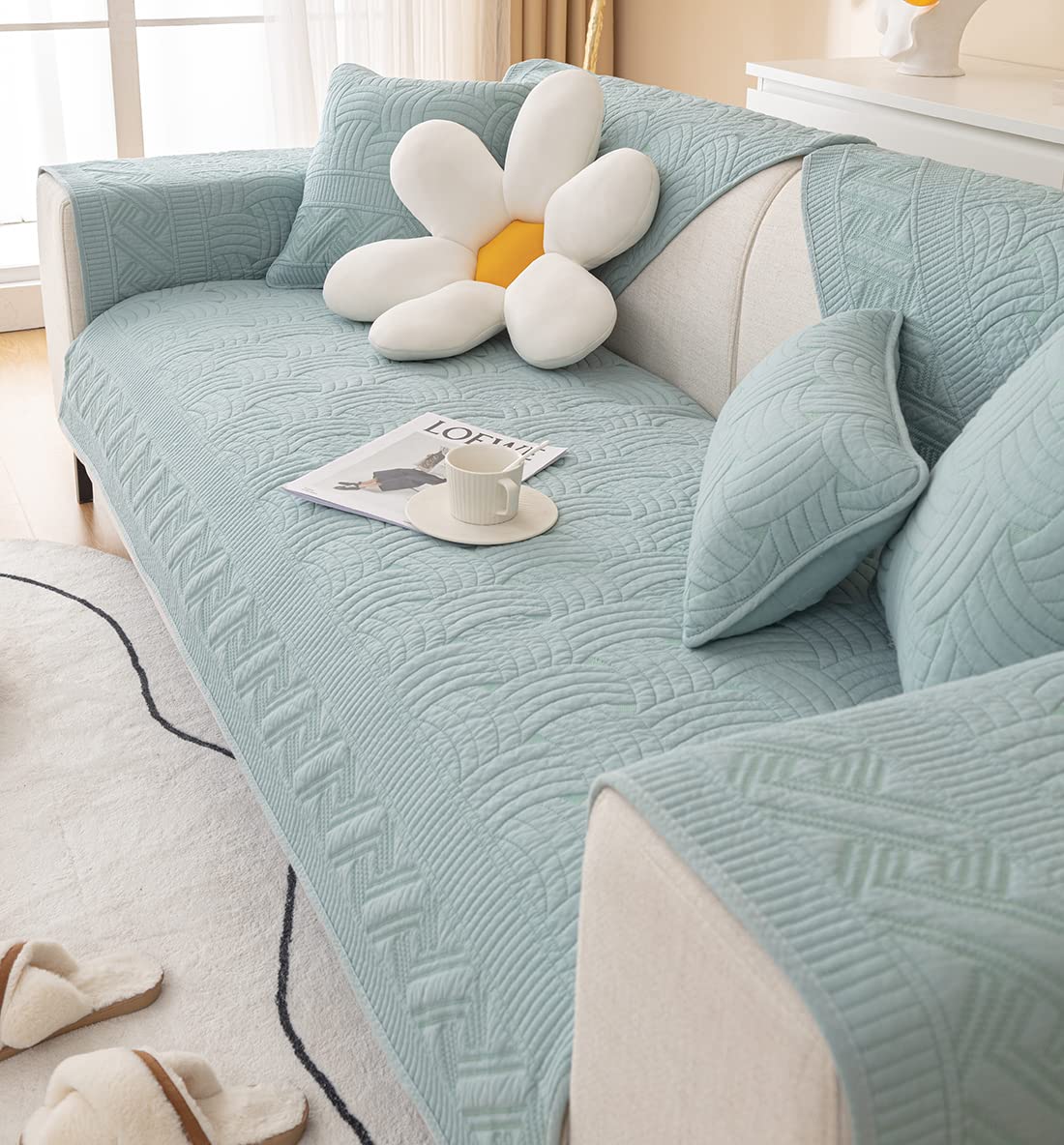 XSlive Farmhouse Cotton Quilted Sofa Cover Weave Pattern Embroidery Sectional Couch Cover Soft Nonslip Sofa Slipcover Furniture Protector Cover for Pets Kids Children Dog Cat (Light Blue,28"x28")