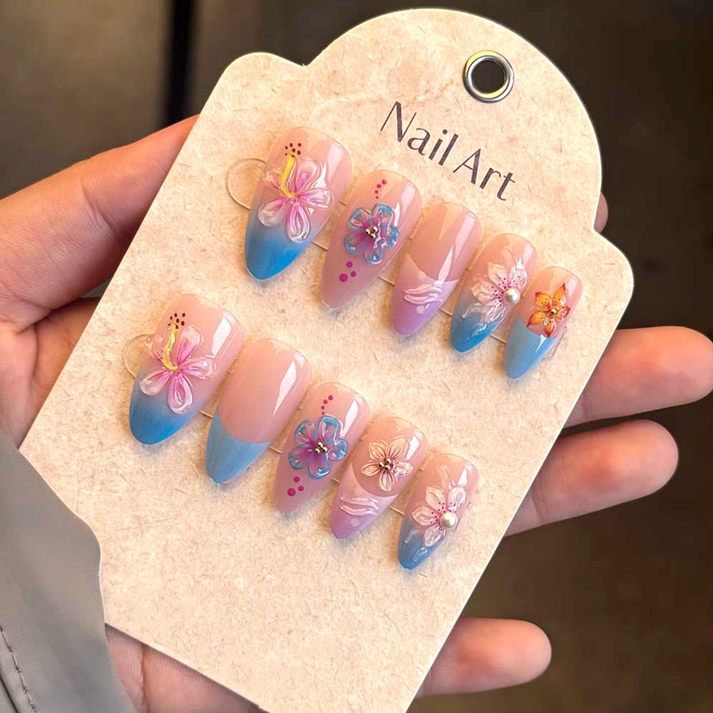 24Pcs Spring Flower Press on Nails Medium Blue French Tip Fake Nails with 3D Floral & Pearl Cute Flower Acrylic Nails Gradient French False Nail Almond-Shaped Full Cover Stick on Nails for Women