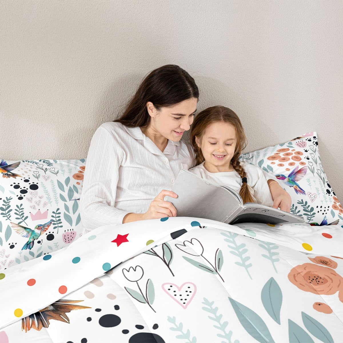Erosebridal Hummingbird Bedding Set,Cartoon Hummingbird Comforter Set Twin,Cute Love Heart Leaf Flower Comforter Set for Kids Girls Boys,Paw Print Animals Quilt Duvet Insert with 1 Pillow Case