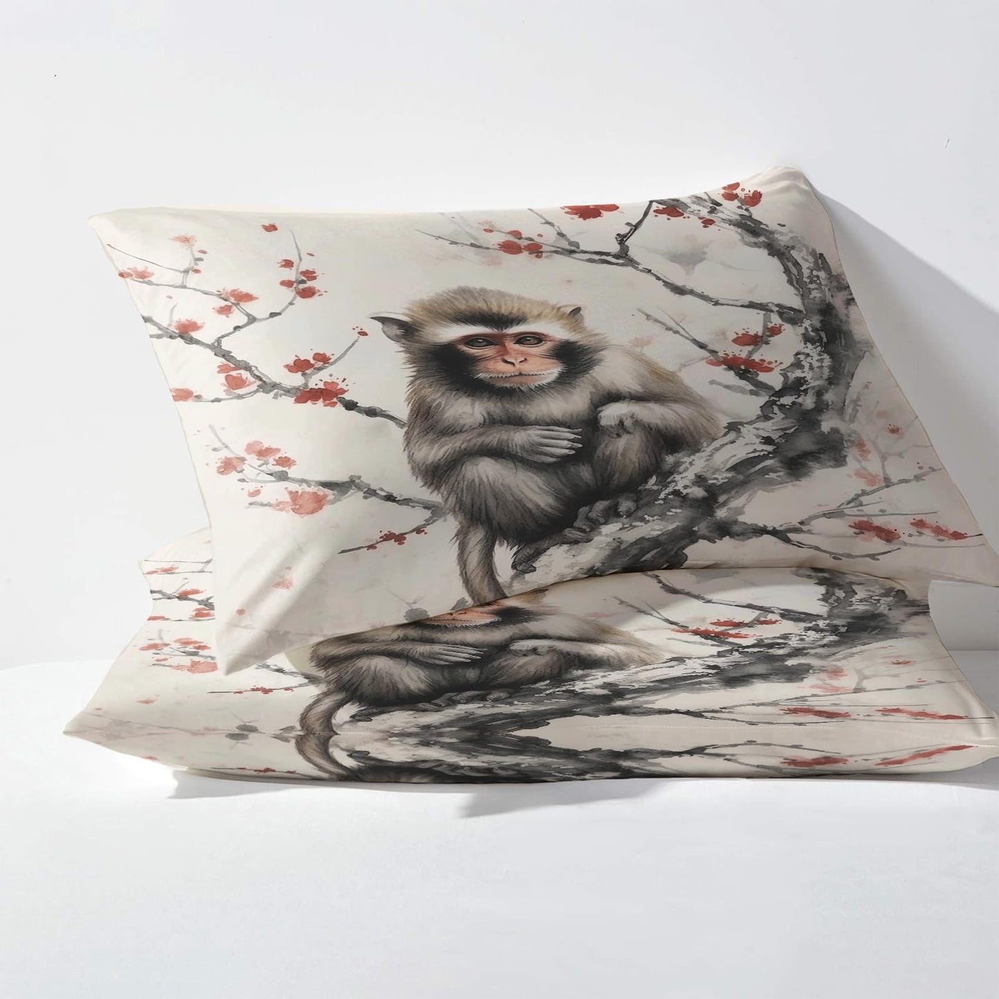 Monkey Sheets King Size, Cherry Blossom Wildlife Bed Sheets, Patterned Bedding Sheets & Pillowcases 4 Piece Set - Soft Microfiber Deep Pocket Fitted Sheet & Flat Sheet & 2 Pillow Cases J9-&-200