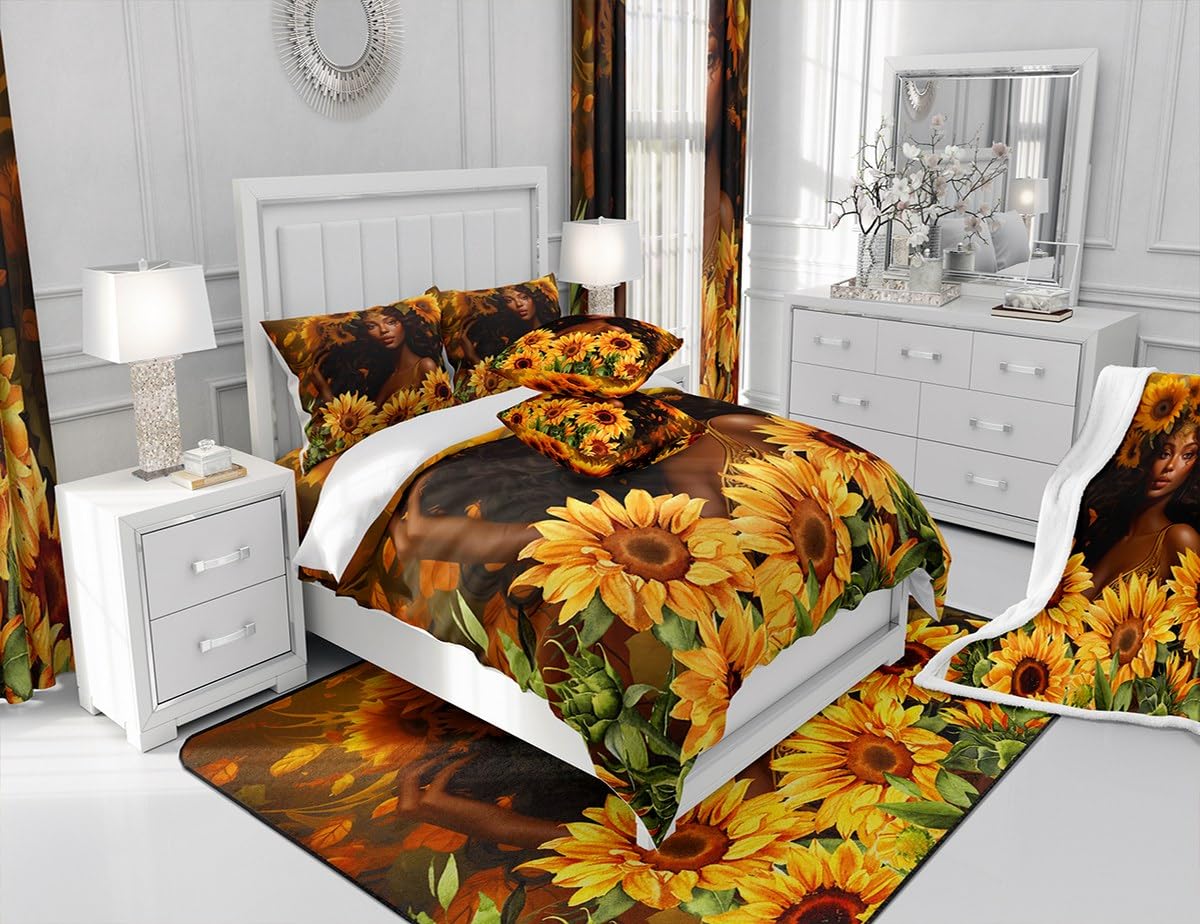 Black Girls Bedding Set Queen Size,American African Beauty Comforter Set for Kids Women Teens Adult Bedroom Decor,3D Sunflower Plants Quilt Set Nature Romantic Duvet Insert 3Pcs,2 Pillowcases