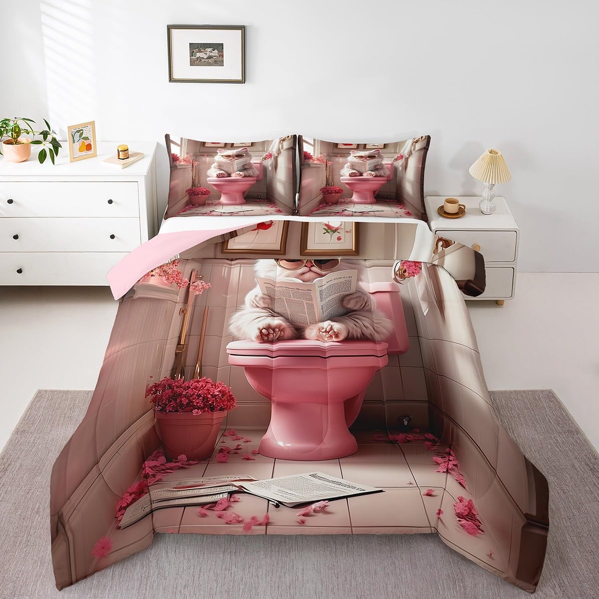 jejeloiu Cute Cat Bedding Set 2Pcs Twin Size Kids Kawaii Kitten Comforter Set for Boys Girls Pink Duvet Quilt Soft Lightweight,Microfiber