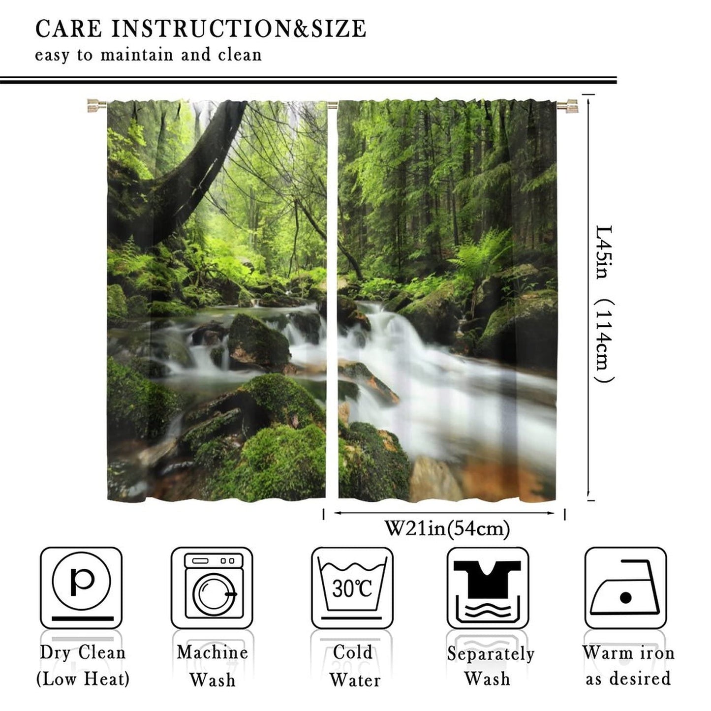 Forest Waterfall Curtains, Spring Nature Landscape Theme in Tropical Forest, Blackout Decorative Curtains for Bedroom Living Room, 2 Panel Set, 42X45 Inch