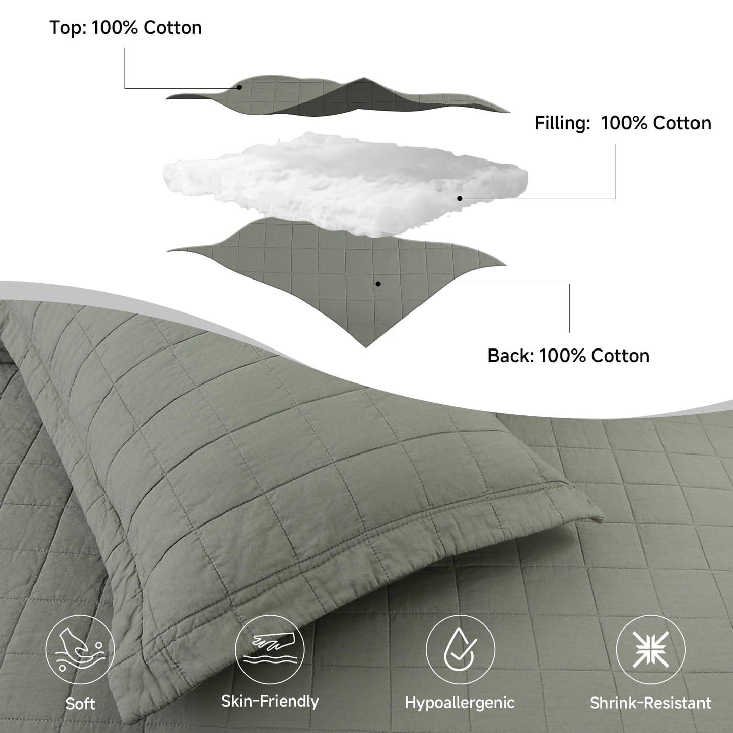 FFQSS Quilt Queen Size Bedding Sets - 100% Cotton Lightweight Luxury Comforter Set, Full Size Stitching Bedspreads Coverlet with 2 Pillowcase Suit for All Season, Green