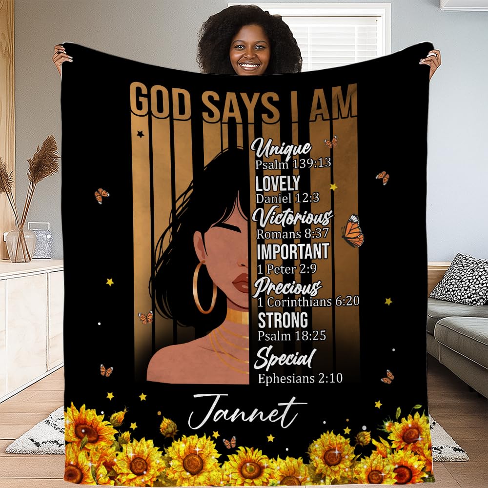 CAPOZEN Personalized God Says I AM Blanket – Custom Name African Inspirational Christian Throw Blankets Gifts for Queen Girl Black Women (Style #3)