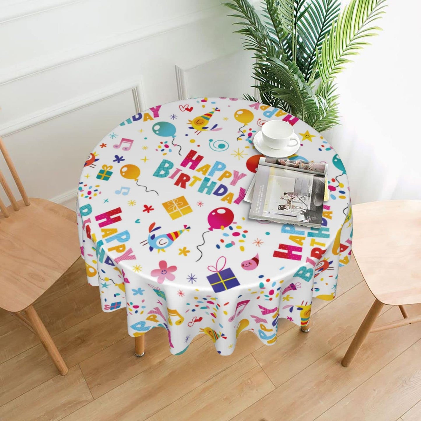 mutakin Happy Birthday Tablecloth Round Table Cloth Washable Rustic Table Cover for Decoration Kitchen Dining Room 60 Inch