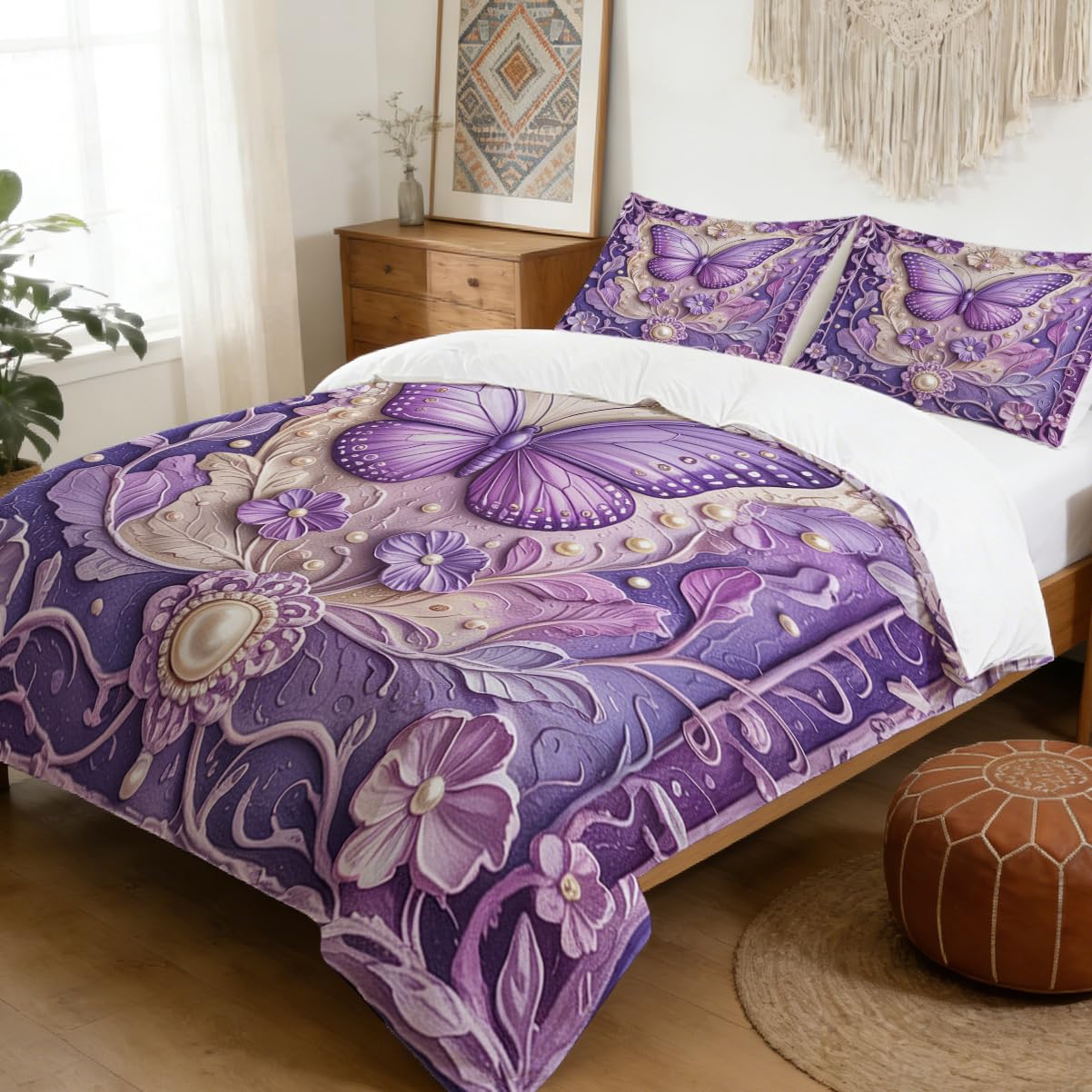 MILANKET Purple Butterfly Duvet Cover Set, Ornate Fantasy Floral Bedding with Lavender Gradient, Soft Microfiber Zipper Closure and Corner Ties for Romantic Bedroom Decor, 3 Piece Twin