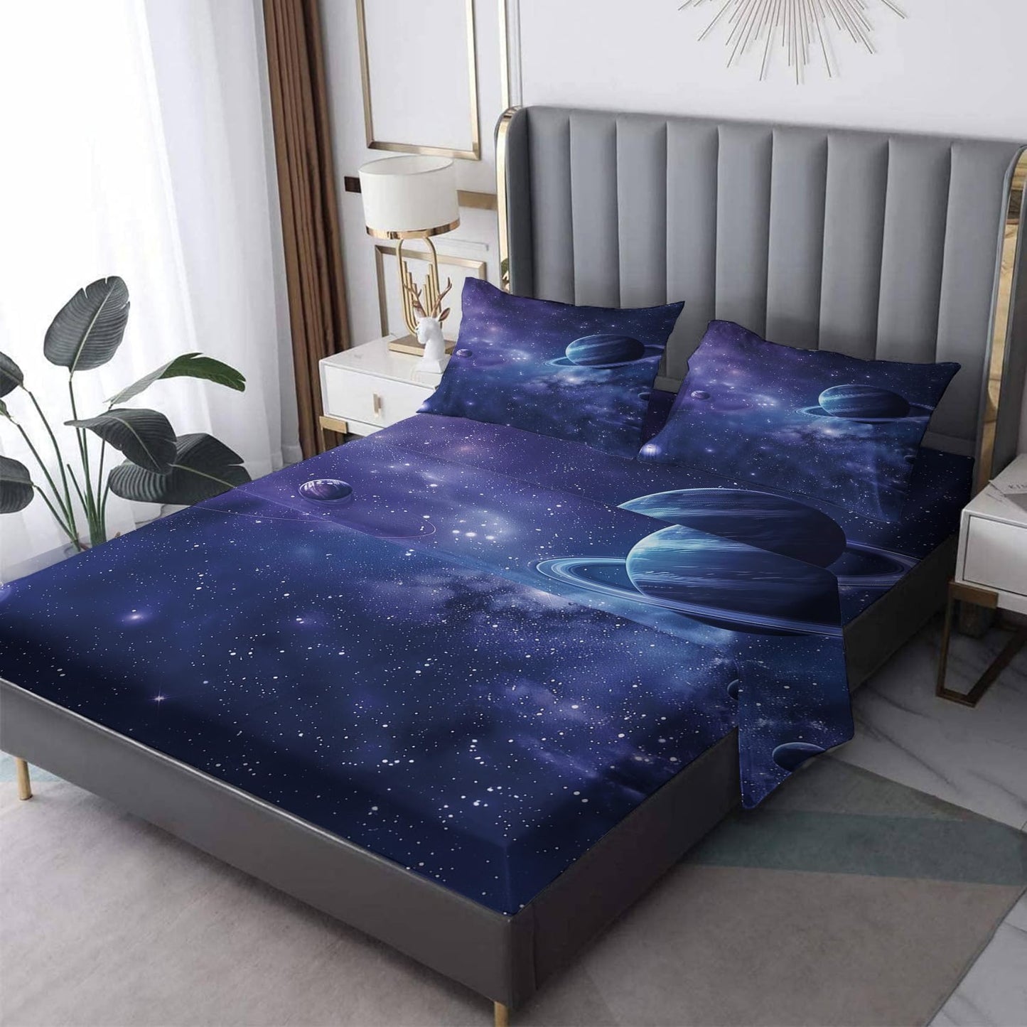 NOGAWA Planet Space Sheets California King Size, Galaxy Bed Sheets, Patterned Bedding Sheets & Pillowcases 4 Piece Set - Microfiber Deep Pocket Fitted Sheet & Flat Sheet & 2 Pillow Cases