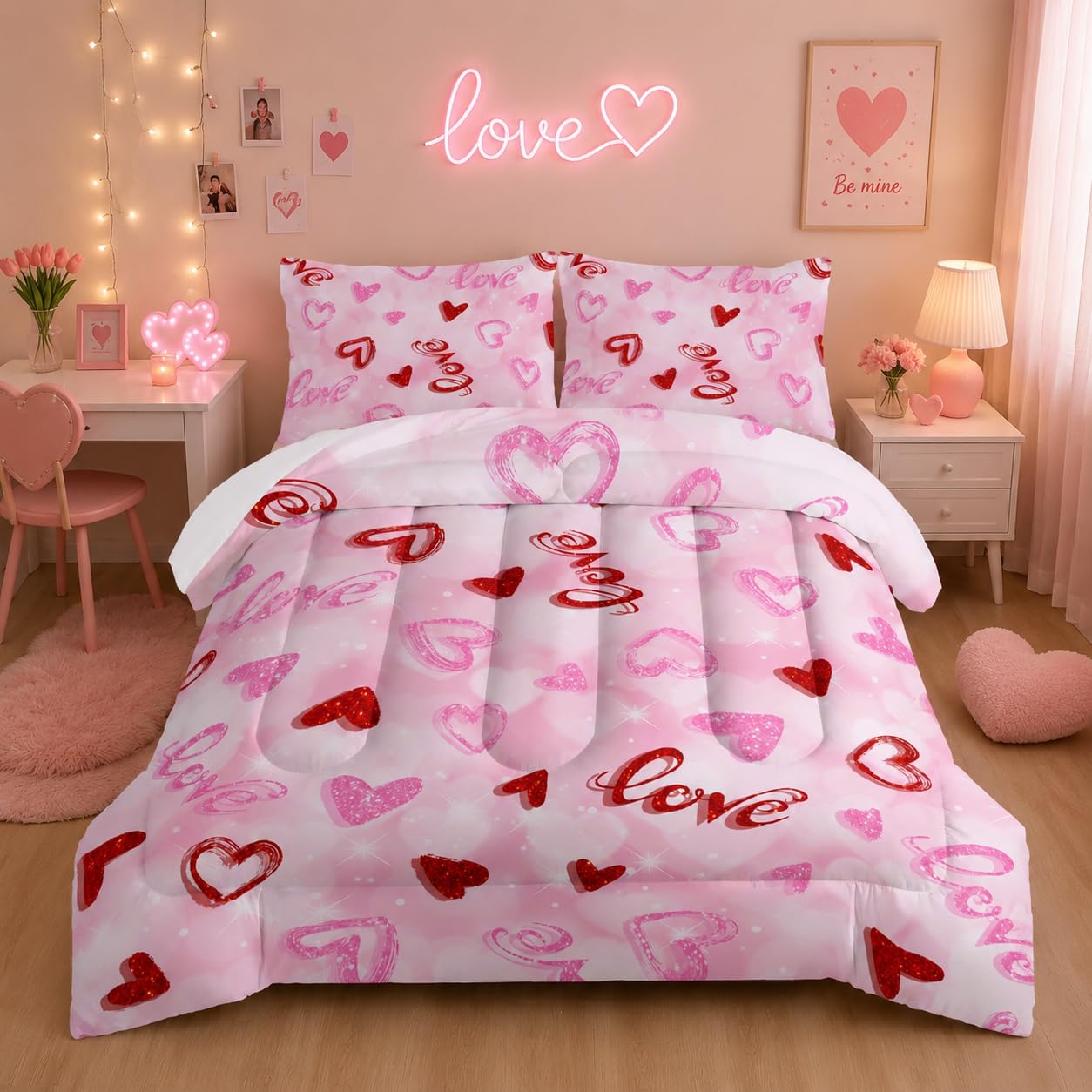 Nttopship Pink Love Heart Comforter Bedding Set with 2 Pillowcase Twin Size Pink Girl Comforter Set for Kids Boys Girls Bedroom Decor