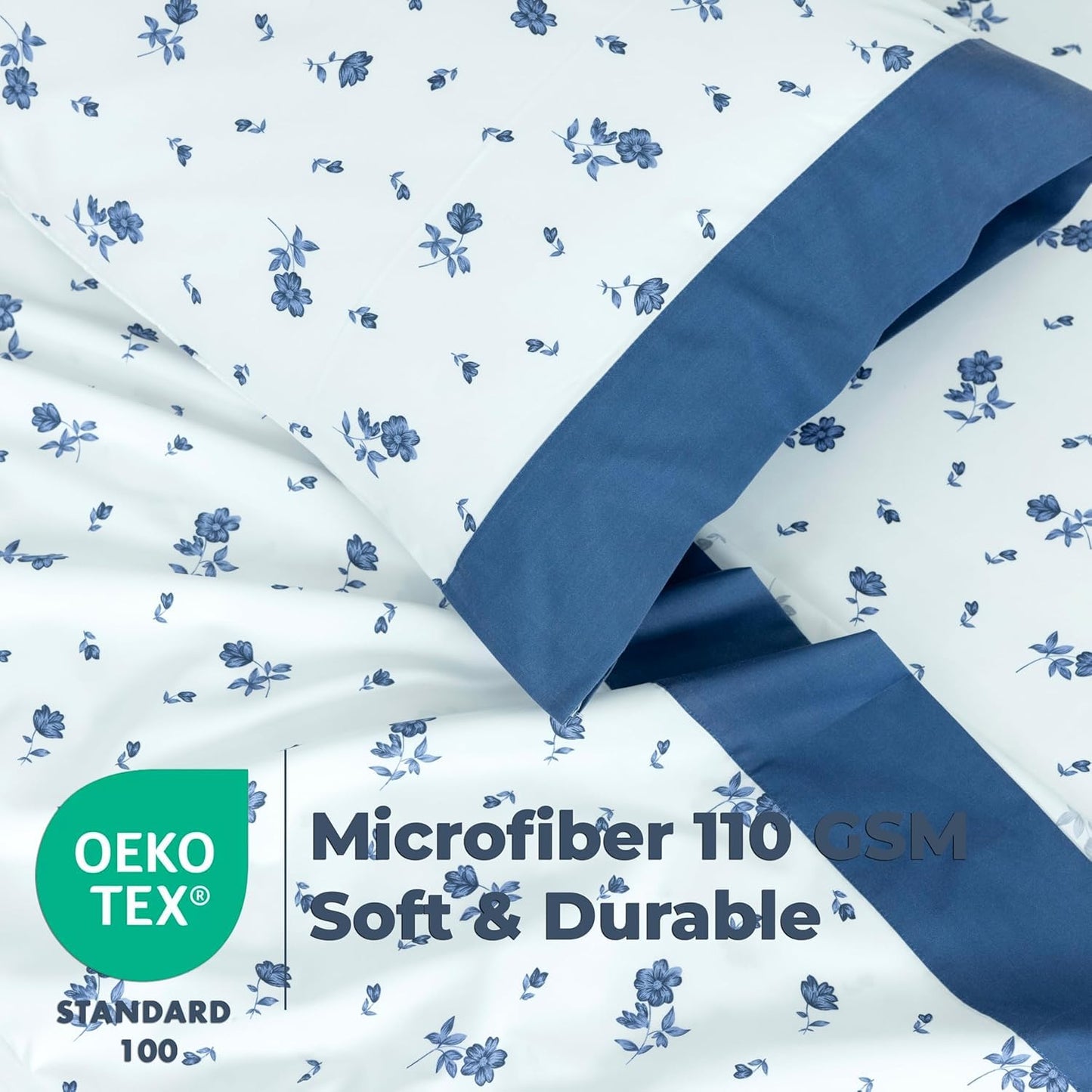 Dreamology Sheet Set Queen, 4 Pieces Microfiber Sheet Set, Printed Sheet Set with Solid Cuffed Detail,Includes 1 Flat Sheet,1 Deep Pocket Fitted Sheet and 2 Pillowcases,Queen Bed Sheets – Blue Floral