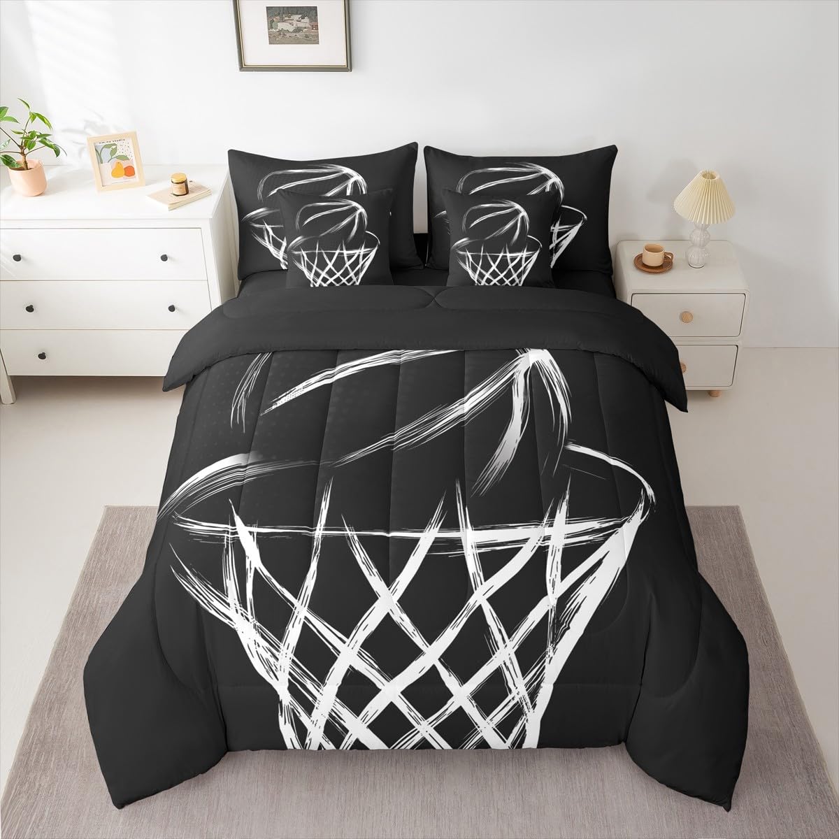 Erosebridal Basketball Hoop Queen Comforter Set with Sheets | Abstract Basketball 7-Piece Bedding Set Black and White Bed in a Bag, Chic Simplistic Monochrome European Sports Ball Bed Sets
