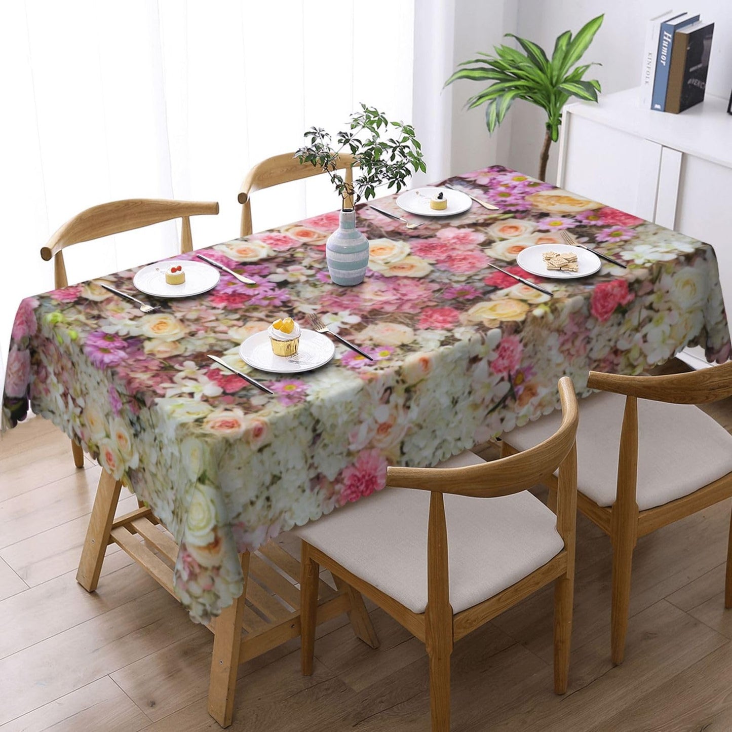 GOUROISE Blossom Beautiful Pink Flowers Rectangular Tablecloth, Rose 54x72 Inch Wavy Lace Border Polyester Table Cloth for Dining, Kitchen, Parties