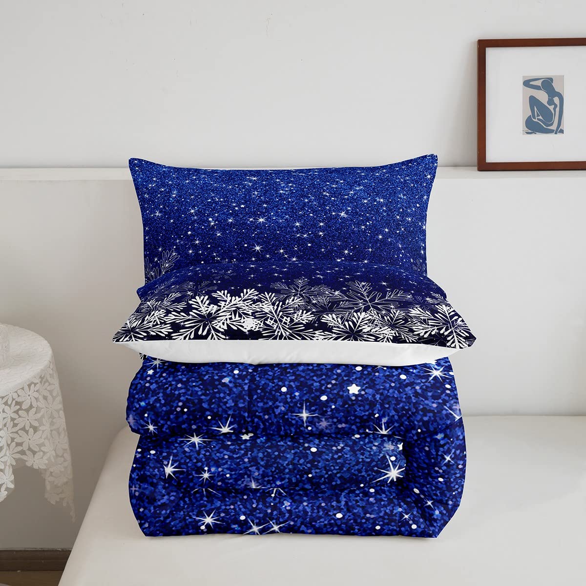Castle Fairy Blue Glitter Comforter Set Queen Size,Sparkling Star Galaxy Quilt Set Winter Snowflake Bedding Set 3pcs for Girls Kids Women Bedroom Decor,Gradient Ultra Soft Duvet Insert,2 Pillowcases