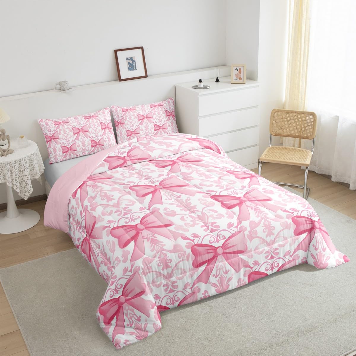 Manfei Pink Bowknot Kids Comforter Set Twin Size,Bow Princess Beauty Toddler Bedding Set,Girls Women Room Decor,Paisley Flowers Boho Exotic Down Comforter,Romantic Seductive Duvet Insert,1 Pillowcase