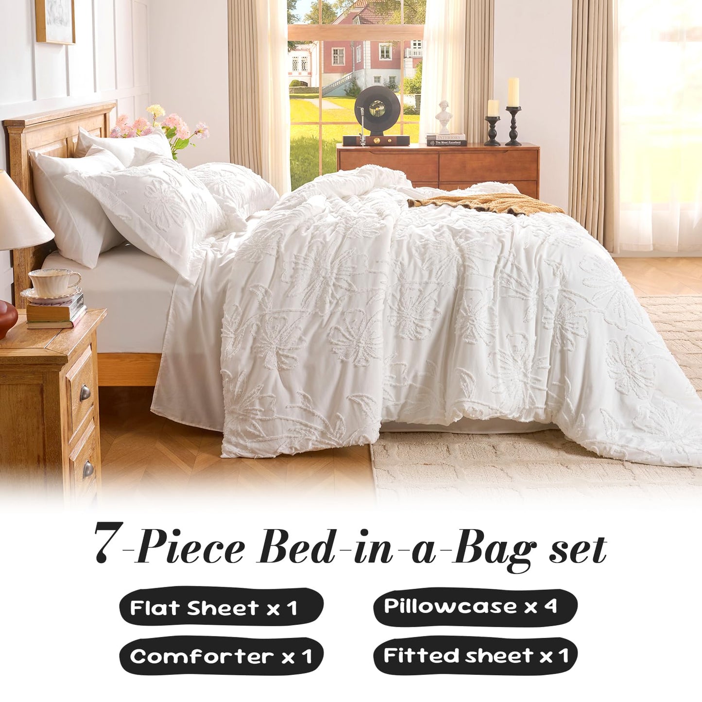 Jameswish 7 Pieces Flower Comforter Set for All Seasons White Floral Tufted Boho Bedding Set Queen Size Farmhouse Bed in A Bag as Gifts with Comforter Sheets Pillowcases Shams