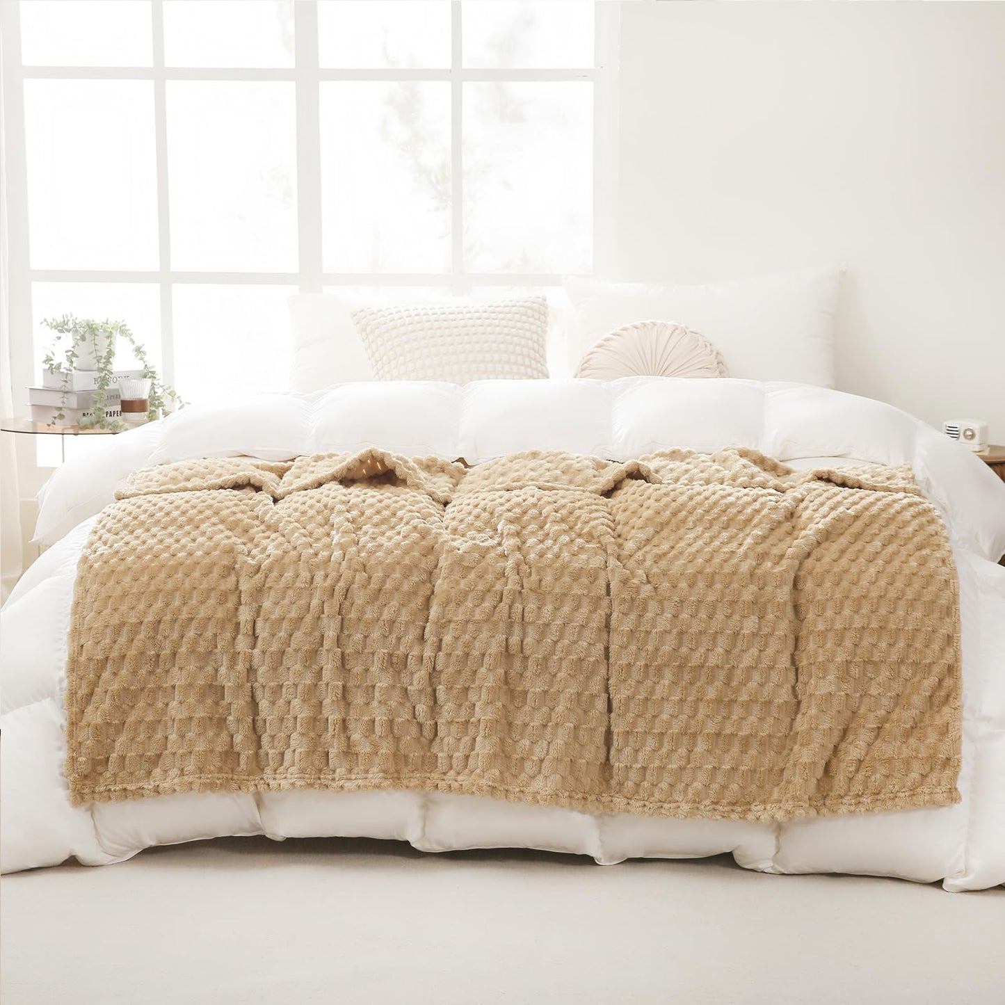 Beige Throw Blanket 50"×60" inches Fuzzy 3D Jacquard Decorative Flannel Fleece Super Soft Plush Cozy Blanket for Couch Sofa Chair Lightweight,Khaki