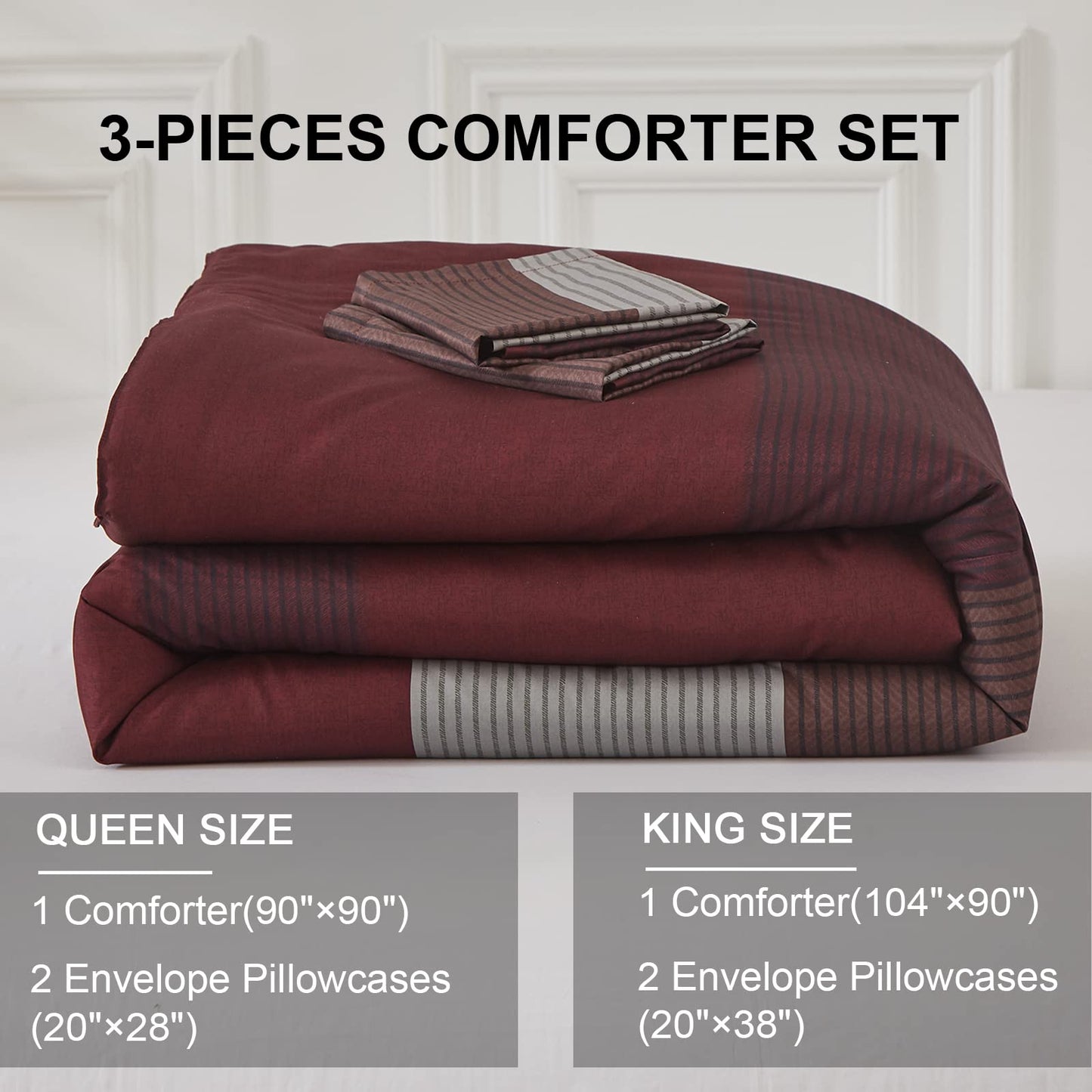 WONGS BEDDING Burgundy Comforter Set Queen, Reversible Burgundy Stripe Down Alternative Comforter for All Season,3 Pieces(1 Comforter+2 Pillowcases), Soft Microfiber Bedding Duvet Set 90”×90”