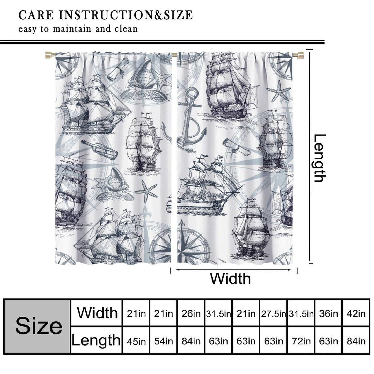 XBDDZSW Nautical Sailboat Map Curtains Sketch Pirate Ship Wheel Compass Starfish Coral Reef Nautical Map Pattern Print Window Drapes for Bedroom Living Room Kitchen Decor,2 Panel Set,42x45 Inch Decor