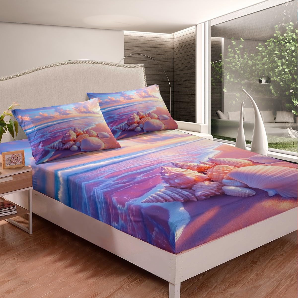 Feelyou Ocean Beach Bedding Sheets Full Pink Purple Beach Bed Sheet Set for Adult Kids Starfish Seashell Fitted Sheet Beach Theme Bed Cover 3Pcs,1 Fitted Sheet+2 Pillow Sham（No Flat Sheet）