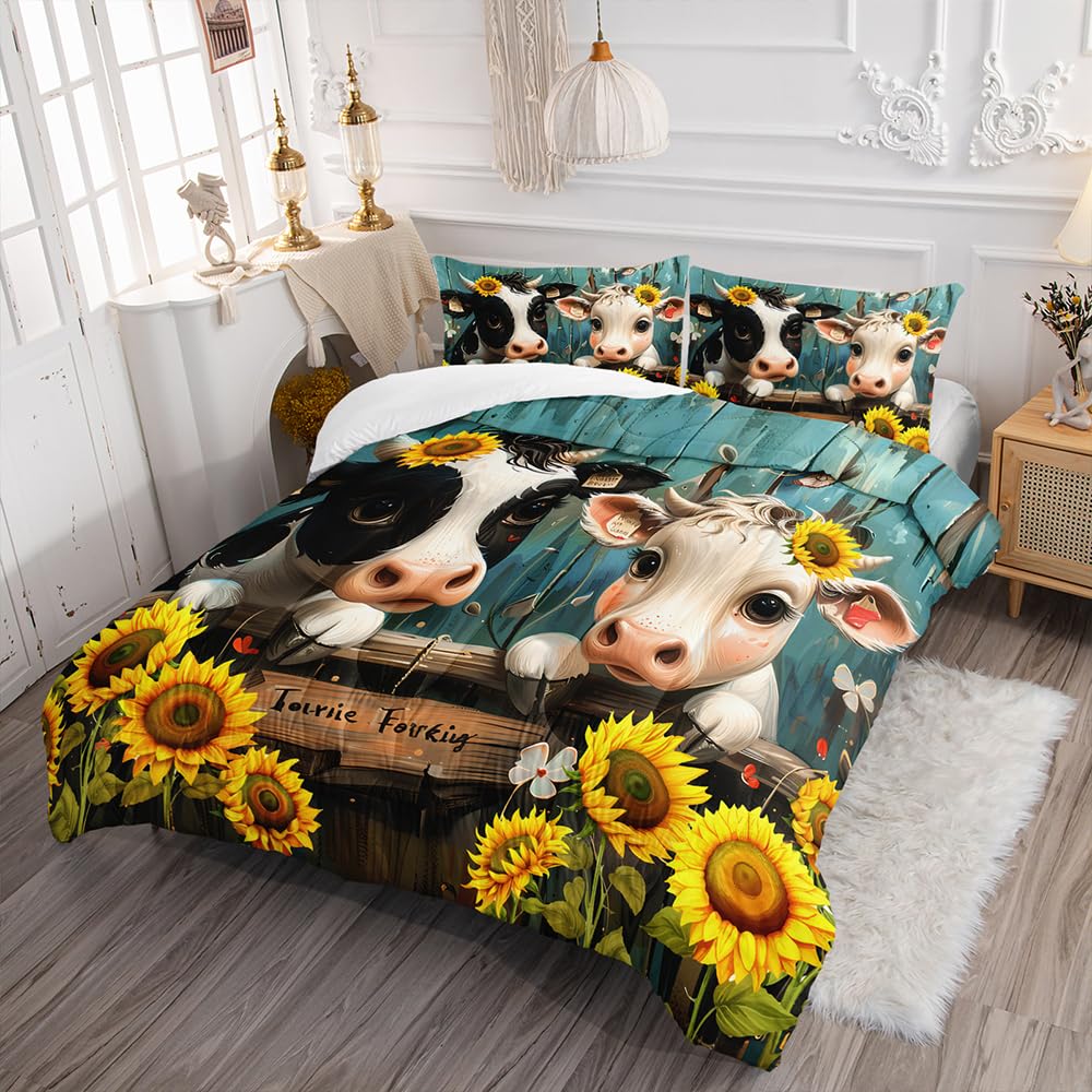 XYNHML Cute Cow Print Comforter Set Twin Size Sunflower Highland Cow Bedding Set Farm Animals Cow on Fence Quilt Bed Set with 1 Comforter and 2 Pillowcases for Kids Boys Girls Room Decor, D-cow2