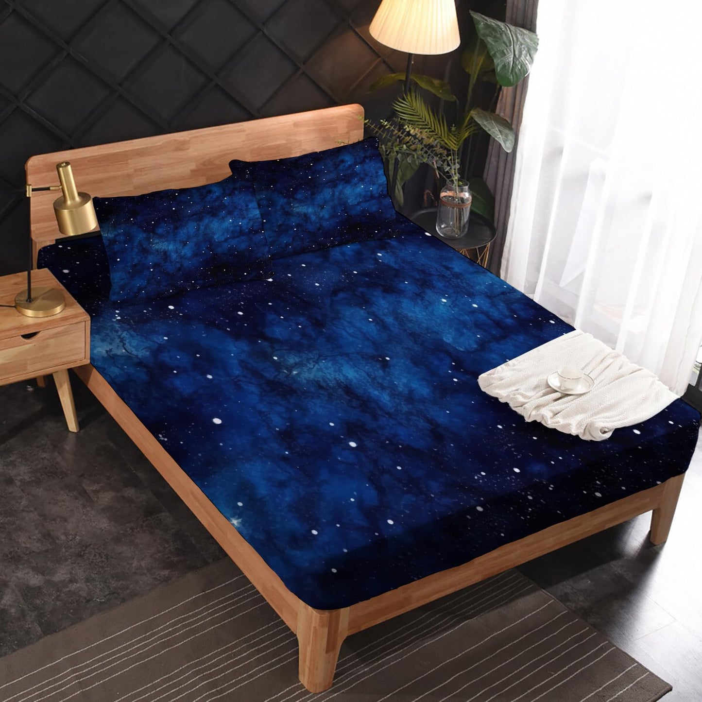 zcsm Galaxy Sheets King Size - Navy Blue Bed Sheets, Soft Microfiber & Deep Pocket & Wrinkle Free Patterned Bedding Sheets & Pillowcases, 4 Piece (1 Fitted Sheet, 1 Flat Sheet, 2 Pillow Cases)