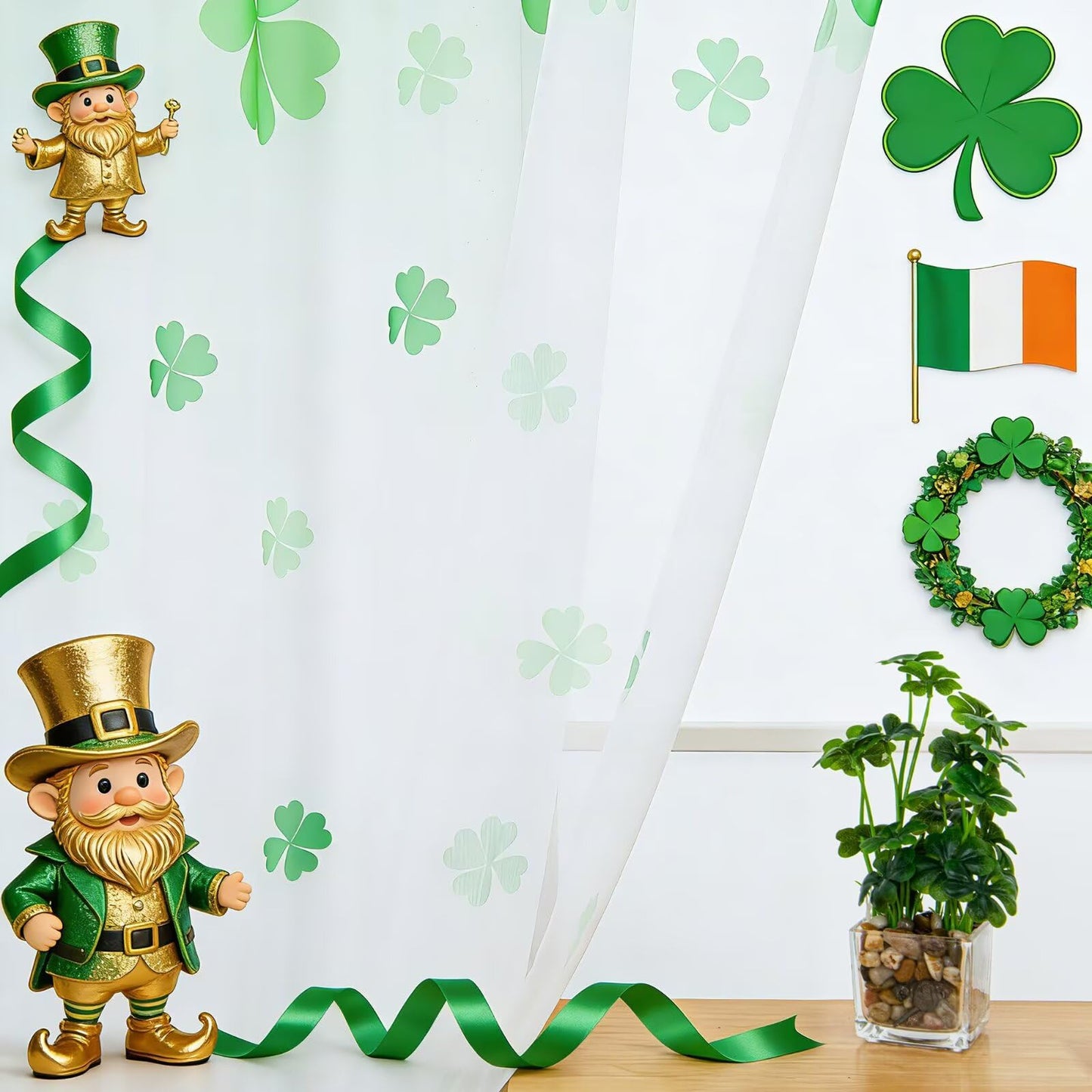 youleyar St. Patrick's Day Sheer Curtains 84 Inches Long, 2 Panels Shamrock Clover Printed Pattern Curtain, Rod Pocket Drapes for Bedroom and Home Decor, 52" W x 84" L