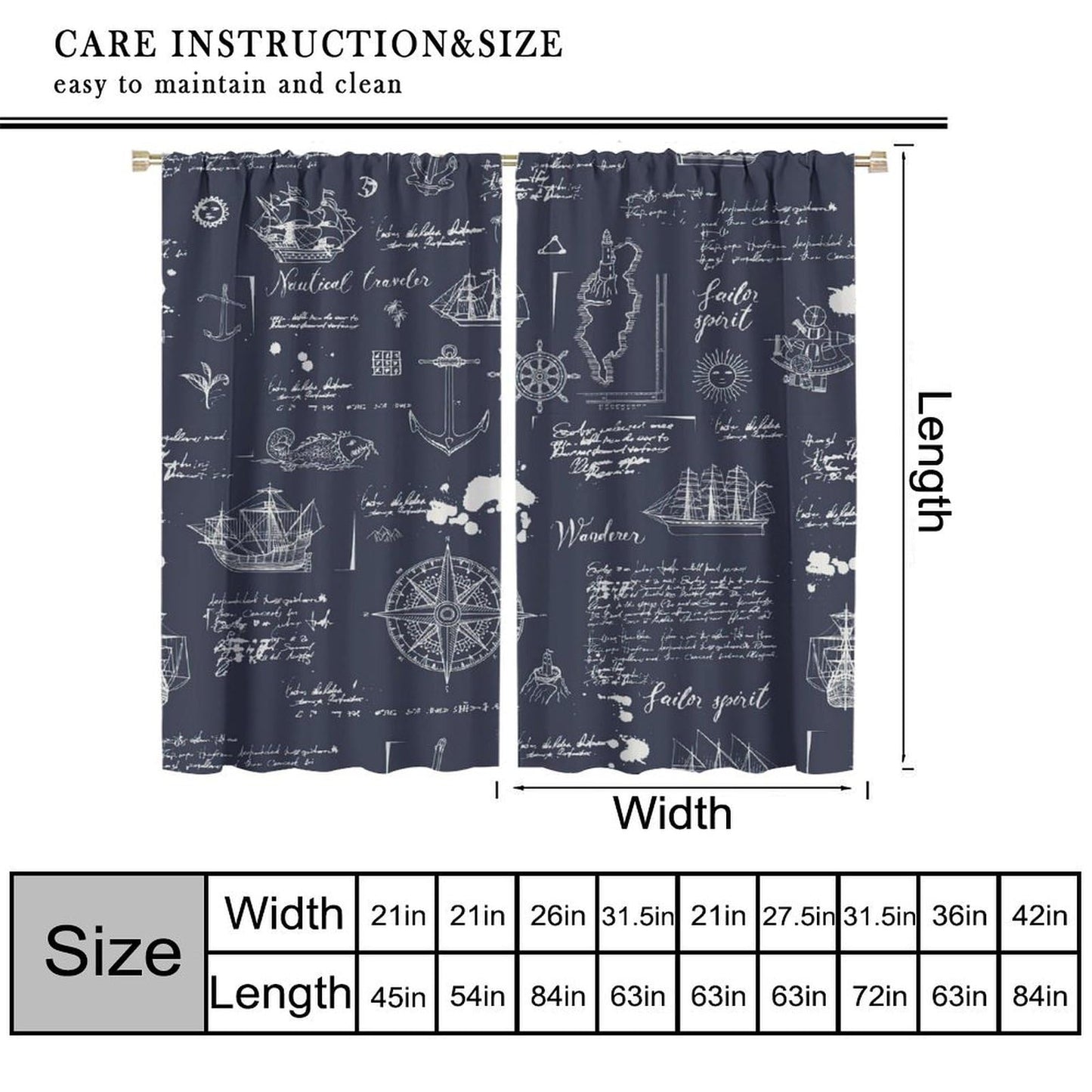 Nautical Sailboat Curtains, Rustic Hand Painted Compass Anchor Window Drapes, for Living Room Bedroom 42" W X 45" L (Decorative)