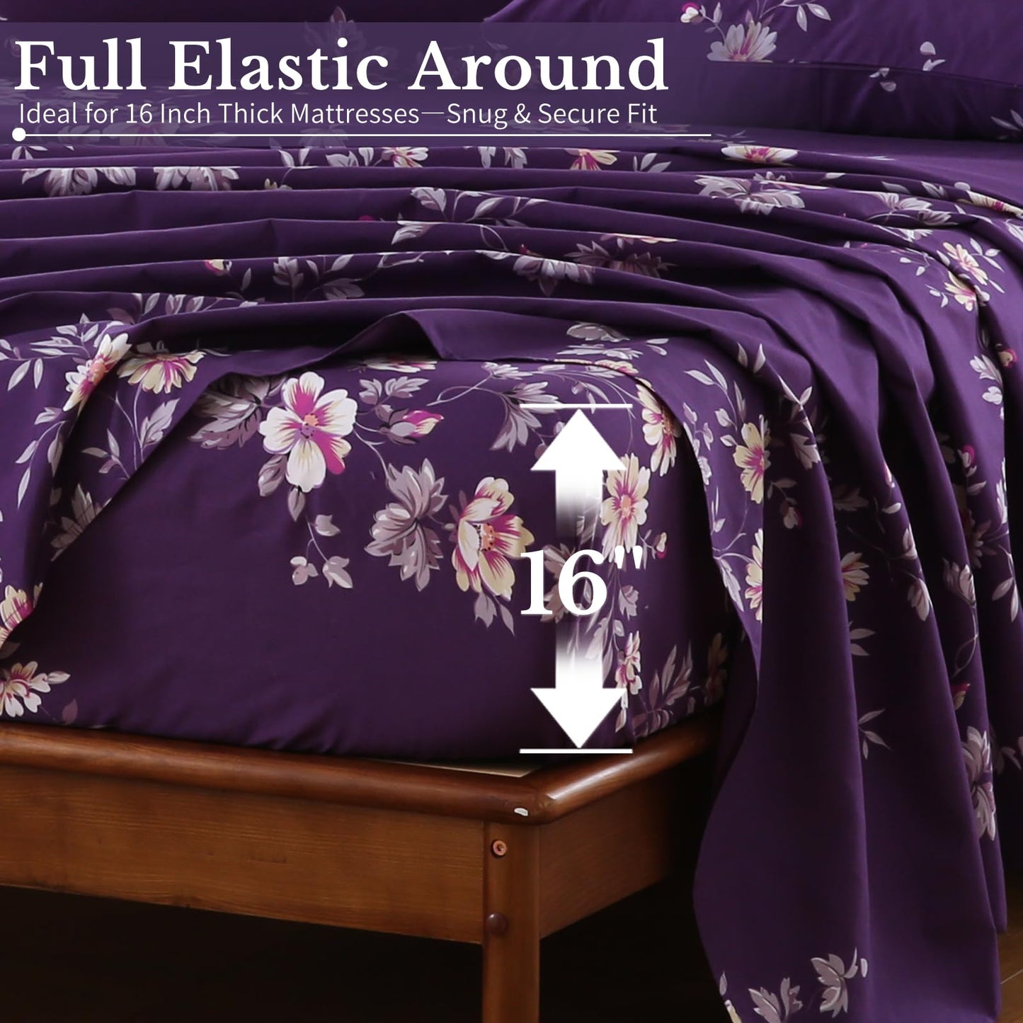 MEISHANG Queen Sheet Set - Ultra Soft Floral Sheets 100% Microfiber,1800 Thread Count Floral Bed Sheets Oeko-Tex Certificated - 4 Pieces - Purple Flower