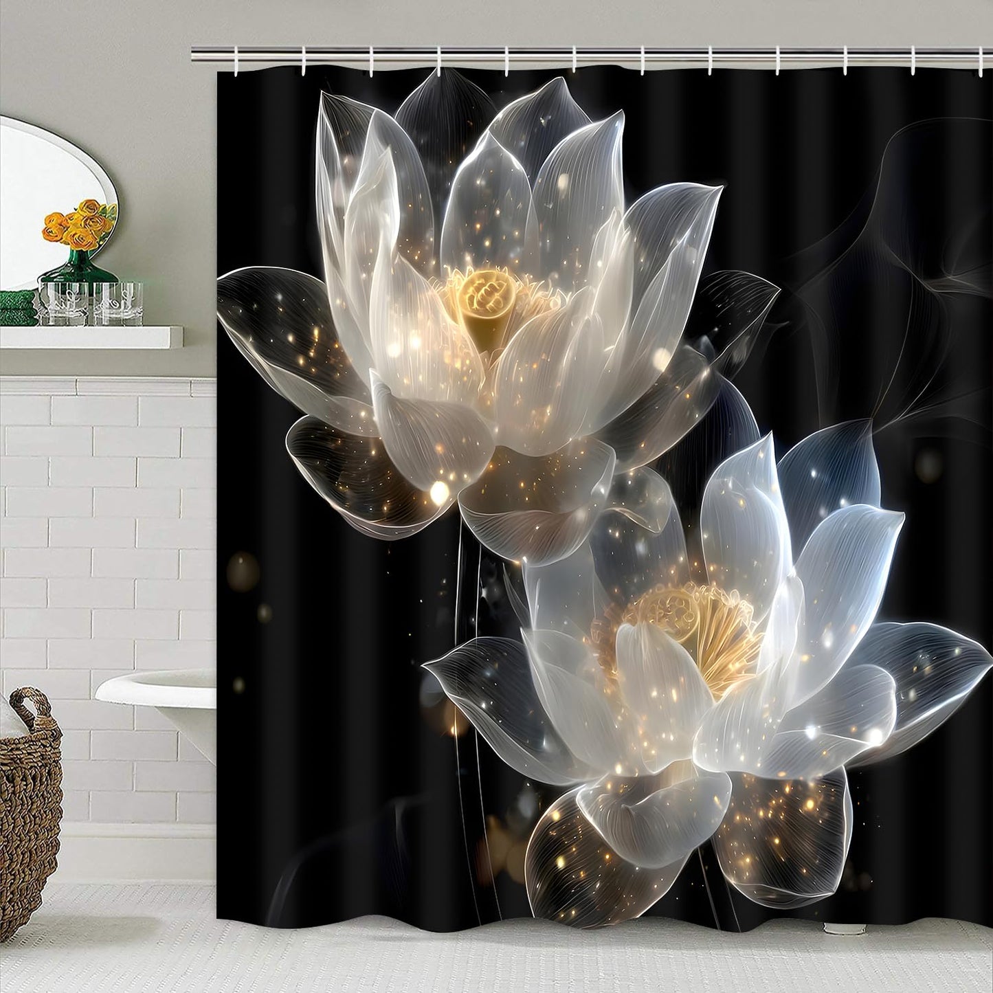 AZHM Zen Lotus Pattern Shower Curtain for Bathroom 4 PCS Bathroom Decor Sets with Shower Curtain and Rugs and Accessories with 12 Hooks