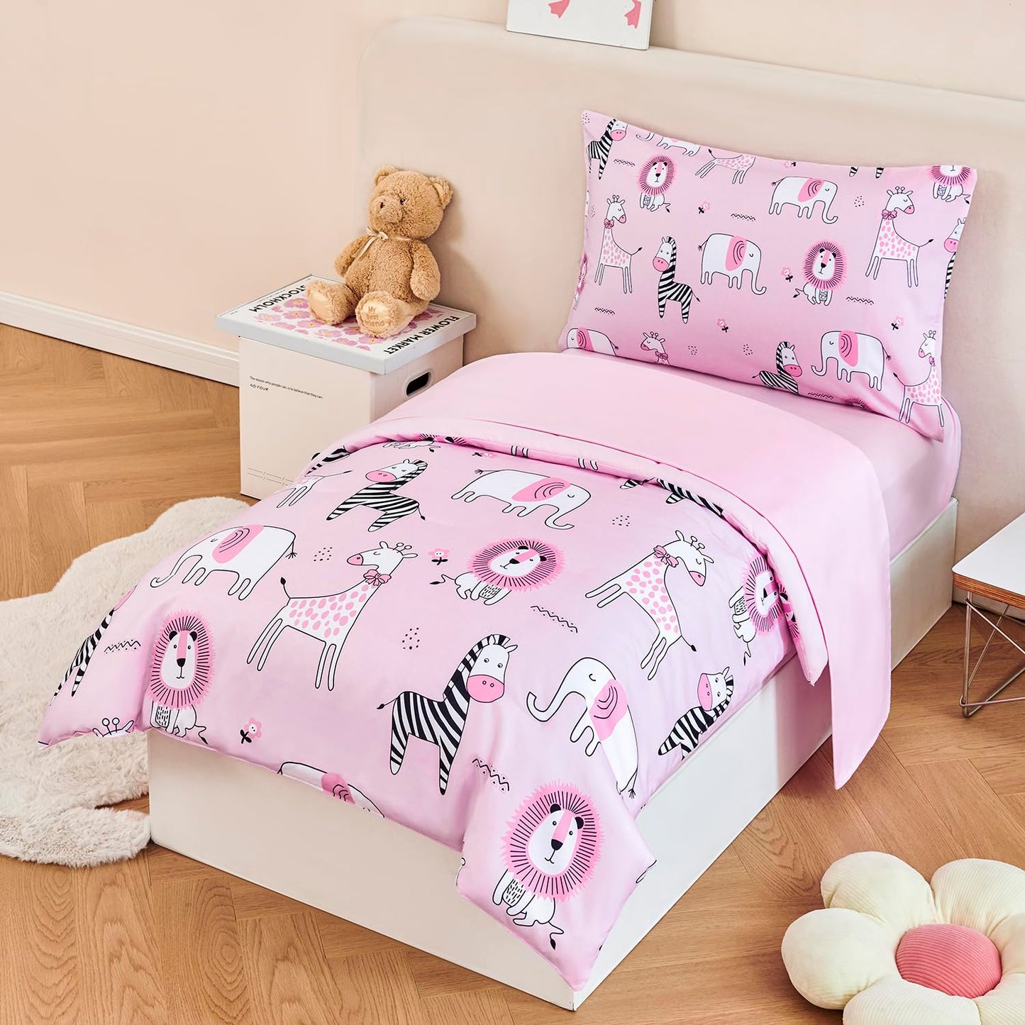 URBONUR 4-Piece Toddler Bedding Set - Ultra Soft Cartoon Pink Zoo Animals Girls Toddler Comforter Set - Include Comforter, Flat Sheet, Fitted Sheet and Reversible Pillowcase, Pink Animal