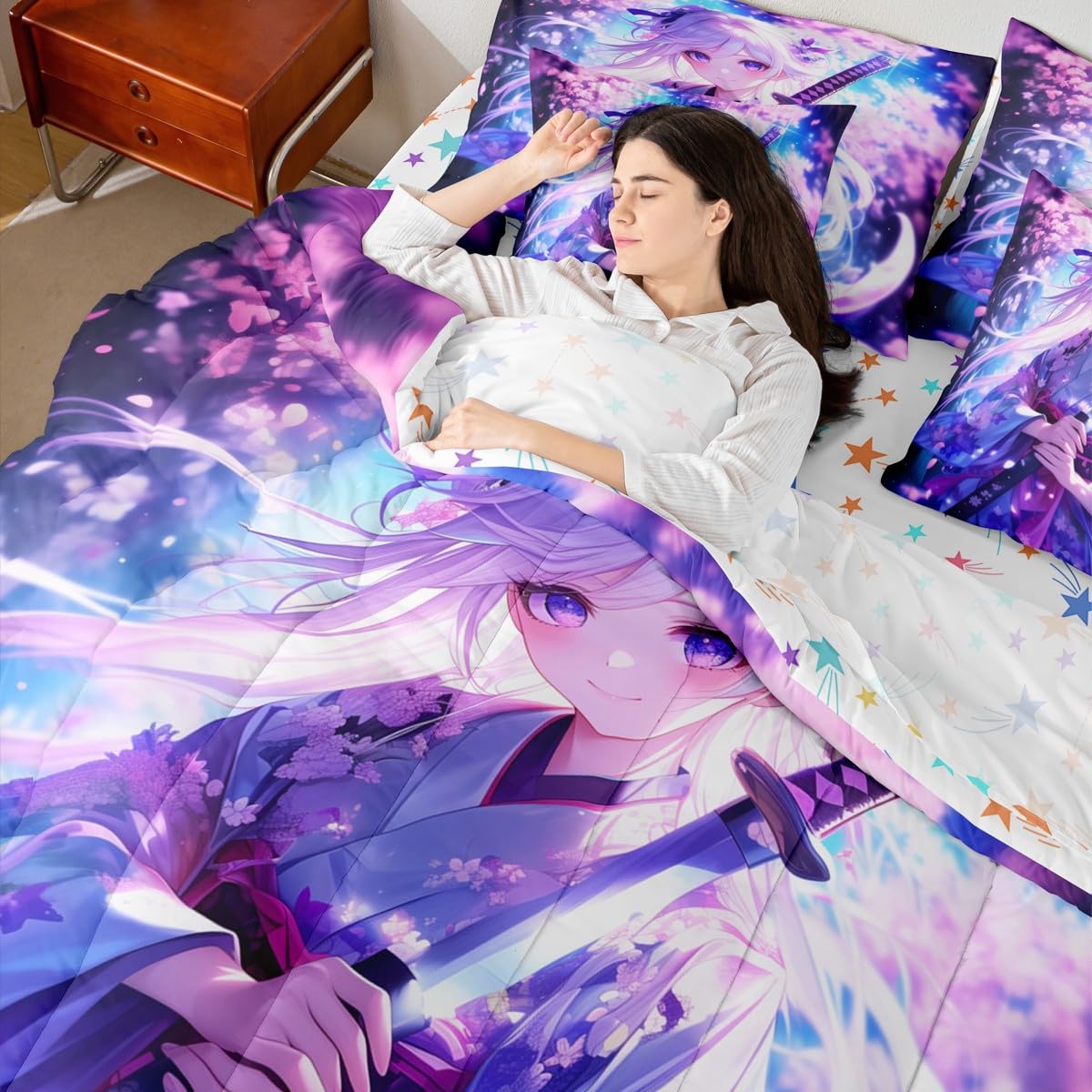 Erosebridal 7 Piece Anime Girl King Comforter Sets for Kids, Kawaii Japanese Anime Bedding Set Cartoon Girl Bed in A Bag Sci Fi Style Japanese Animation Sheet Set for Kids Girls Teens Bedroom