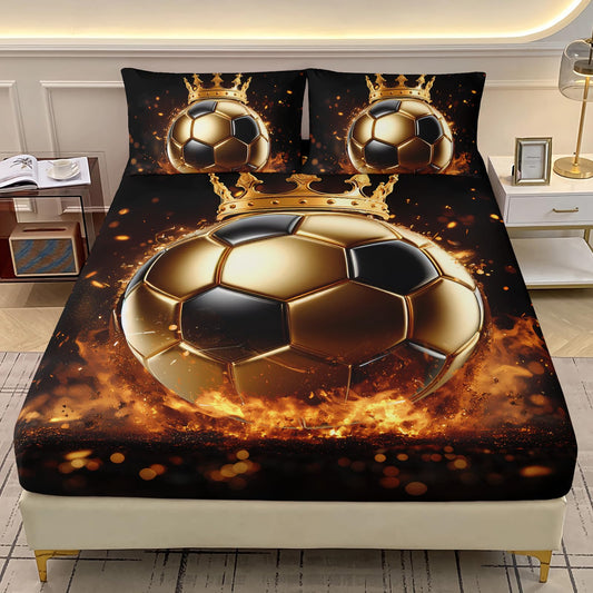 AILONEN Black Gold Soccer Bedding Set for Kids Boys Girls,3D Football Crown Printed Twin Bed Sheet Set,Sports Ball Themed Fitted Sheet with 2 Pillowcases,3Pcs