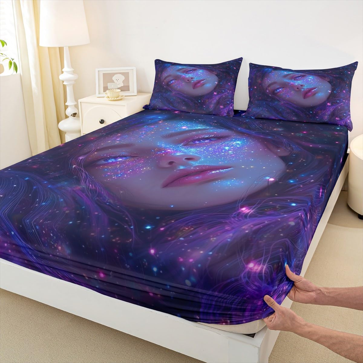 Erosebridal Anime Girl Bed Sheets Queen Size Galaxy Star Girls Fitted Sheet, Modern Fantasy Dreamy Girly Bed Set for Men Women Japanese Girl 3D Sheets 3 Pieces (No Flat Sheet)