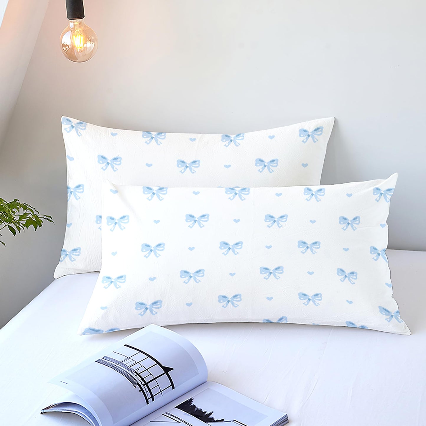 Sedefen Bow Duvet Cover Queen Size Blue Striped On White Bedding Set 3 Pieces Cute Heart Printed Stripe Reversible Princess Style Soft Breathable Microfiber Duvet Cover Set with Zipper Closure