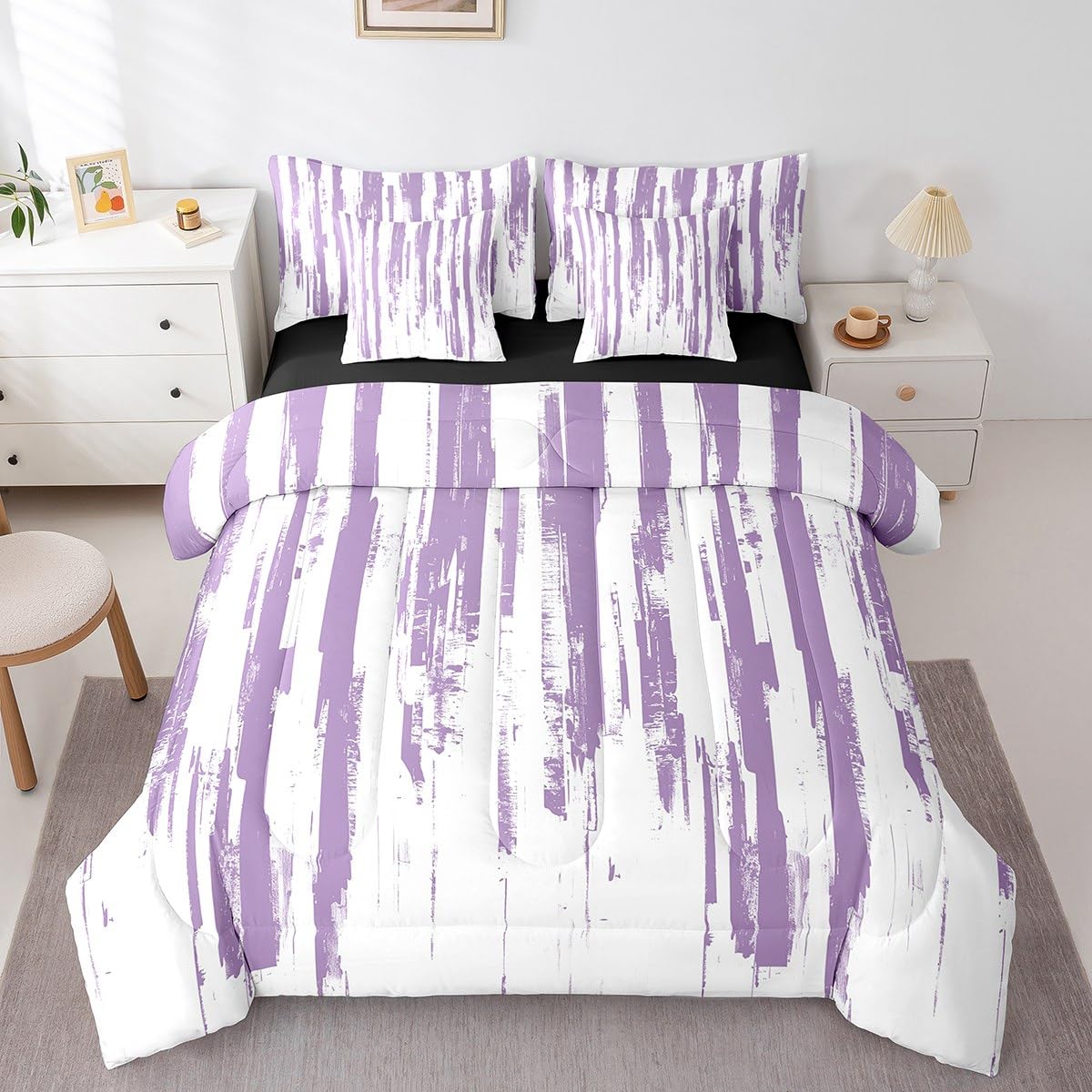 Erosebridal 7Pcs Lavender White Boho King Comforter Set,Geometric Stripes Striped Abstract Bed in A Bag for Women Men Adults Teens,Modern Art Aesthetic Violet Purple Ink Quilt Set with Pillowcases