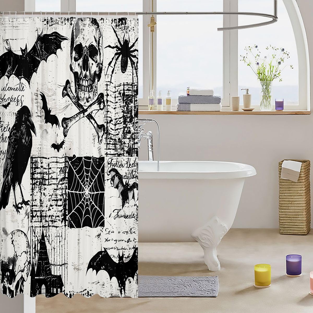 Feelyou Halloween Decor Shower Curtain for Bathroom Decor Gothic Skull Bath Curtain for Stalls Bathtubs Crow & Bat Waterproof Polyester Fabric with 12 Hooks 72"x72"
