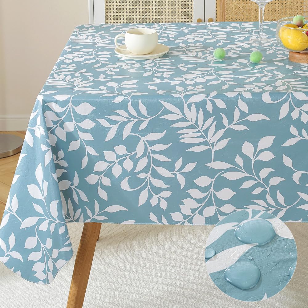 MATIRUG Heavy Duty Vinyl Tablecloth with Flannel Backed, Waterproof Oil-Proof Plastic Table Cloth, Wipeable Spill-Proof PVC Table Cover for Dinner Outdoor Picnic,(Blue Leaf, 52x70 Inch Rectangle)