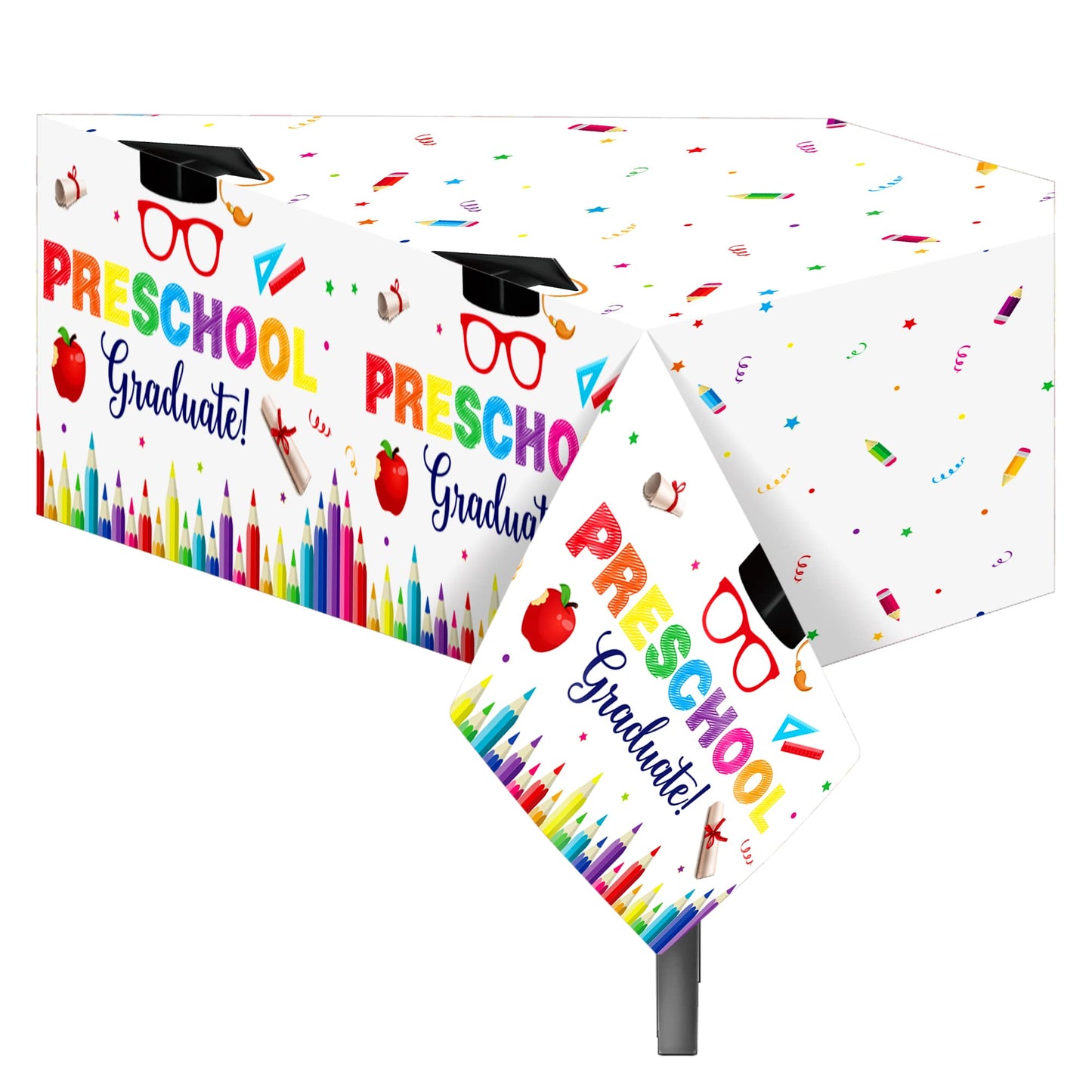 CC HOME 1Pc Preschool Graduation Party Plastic Tablecloth 54 x 87 Inch Long Table Cover, Colorful Crayon Party Tablecover for Graduate Theme Kids Baby Shower Birthday Dinner Picnic Kitchen Event